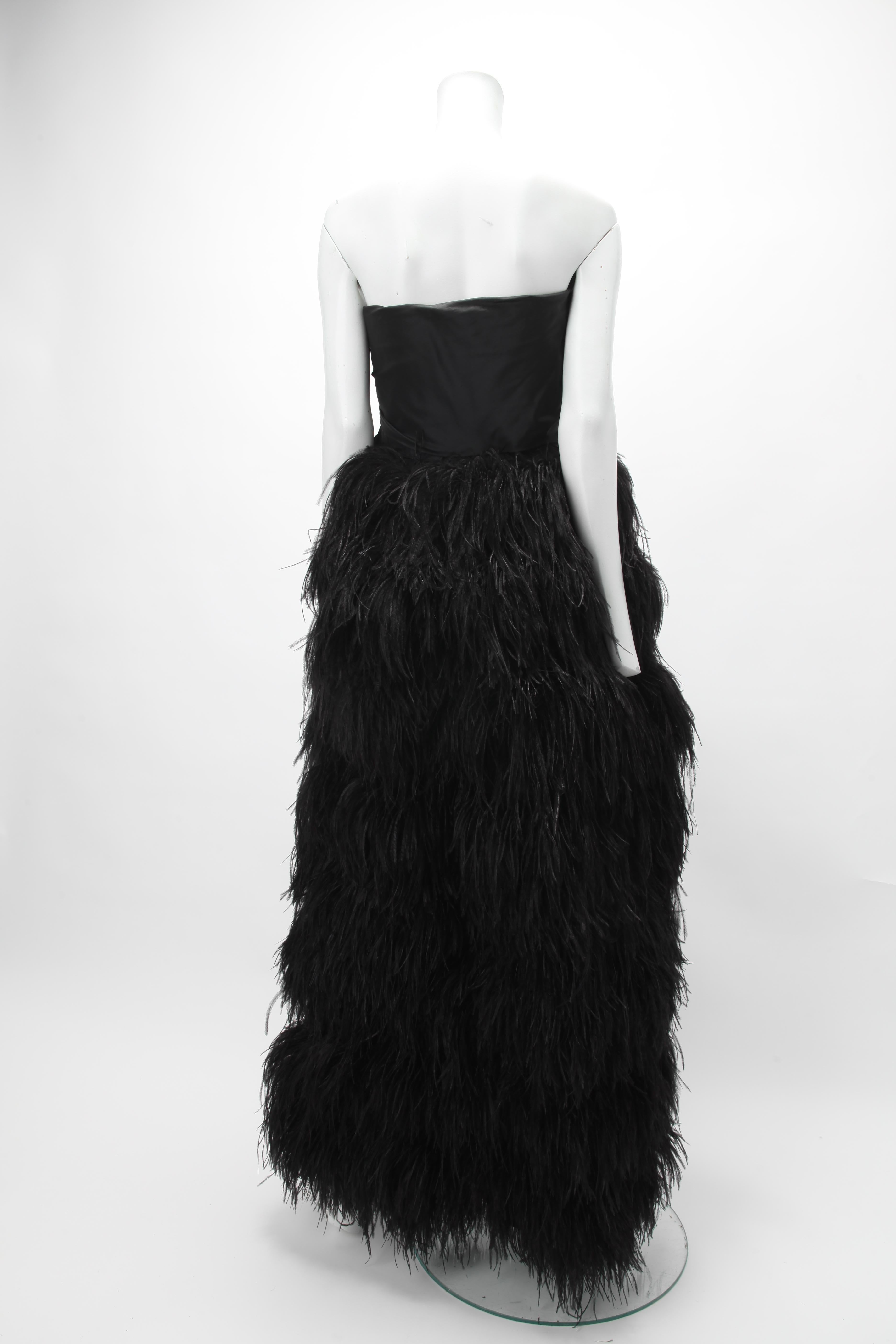 1970s Bill Blass Black Strapless Feather Gown 1
