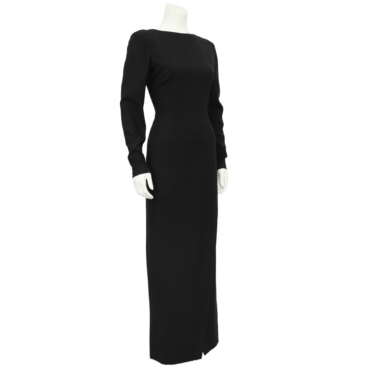 1970s Bill Blass Black Wool Crepe Gown with Cut Out Criss Cross Back  In Good Condition For Sale In Toronto, Ontario