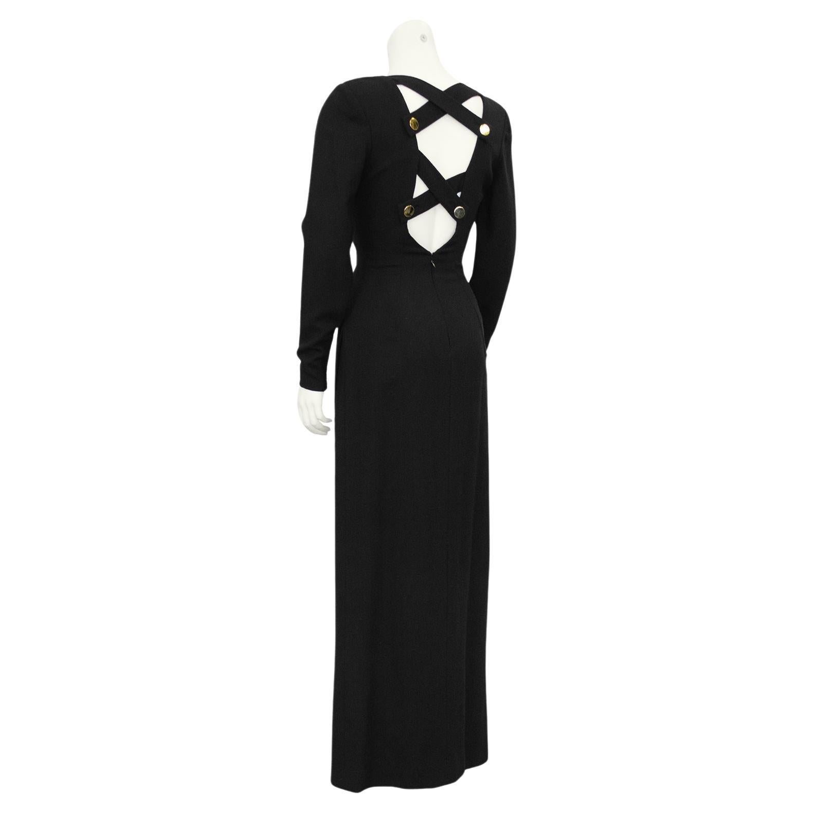 1970s Bill Blass Black Wool Crepe Gown with Cut Out Criss Cross Back  For Sale