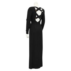 1970s Bill Blass Black Wool Crepe Gown with Cut Out Criss Cross Back 