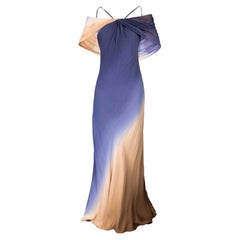 1970's Bill Blass Blue and Tan Bias Cut Watercolor Gown