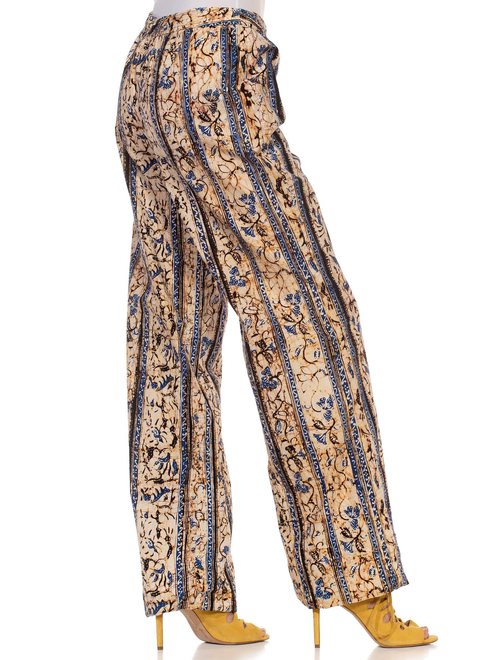Brown 1970S BILL BLASS Blue & Beige Batik Cotton Pants