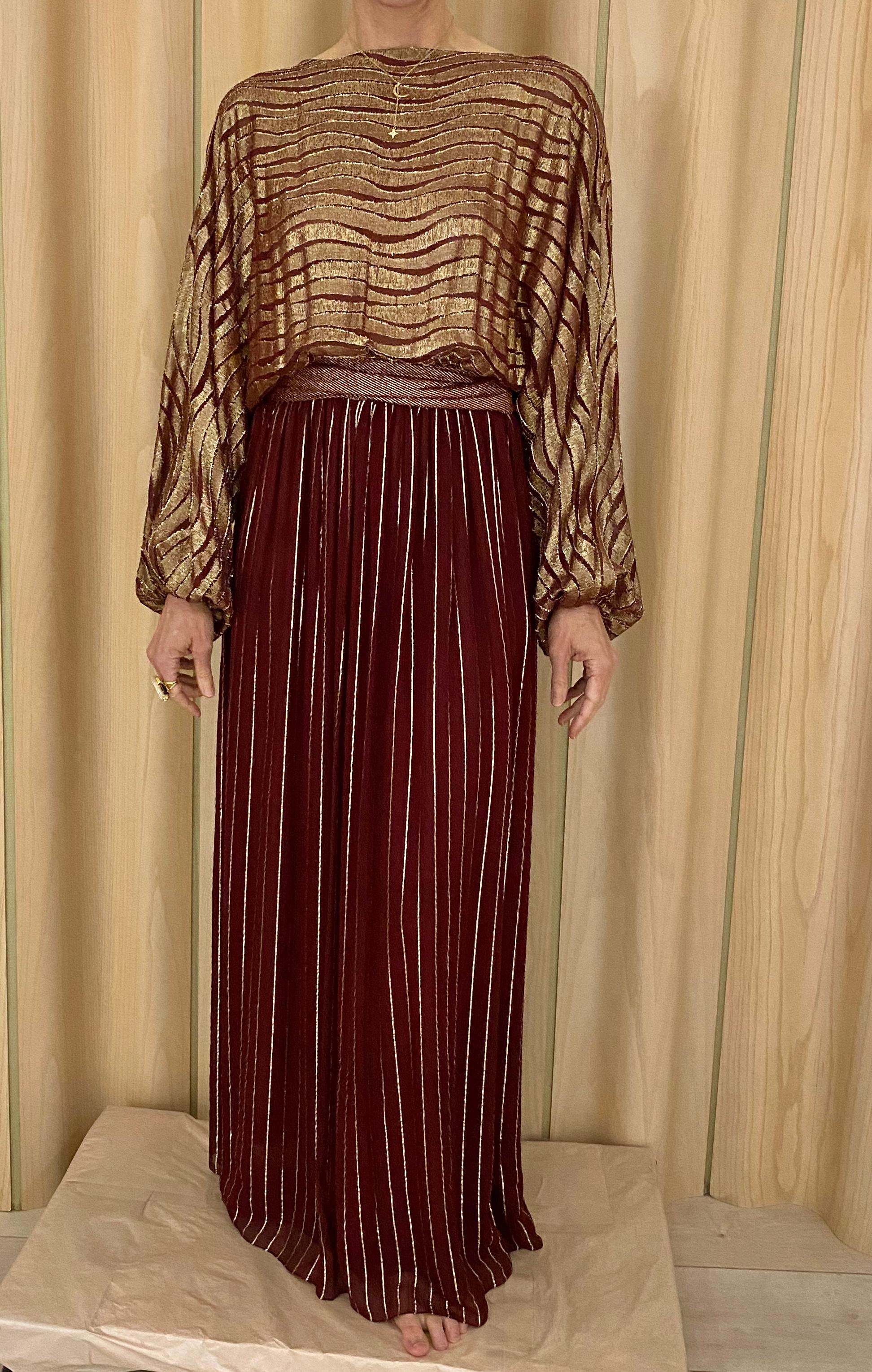 Brown 1970s BILL BLASS Burgundy Metallic Silk Maxi Dress