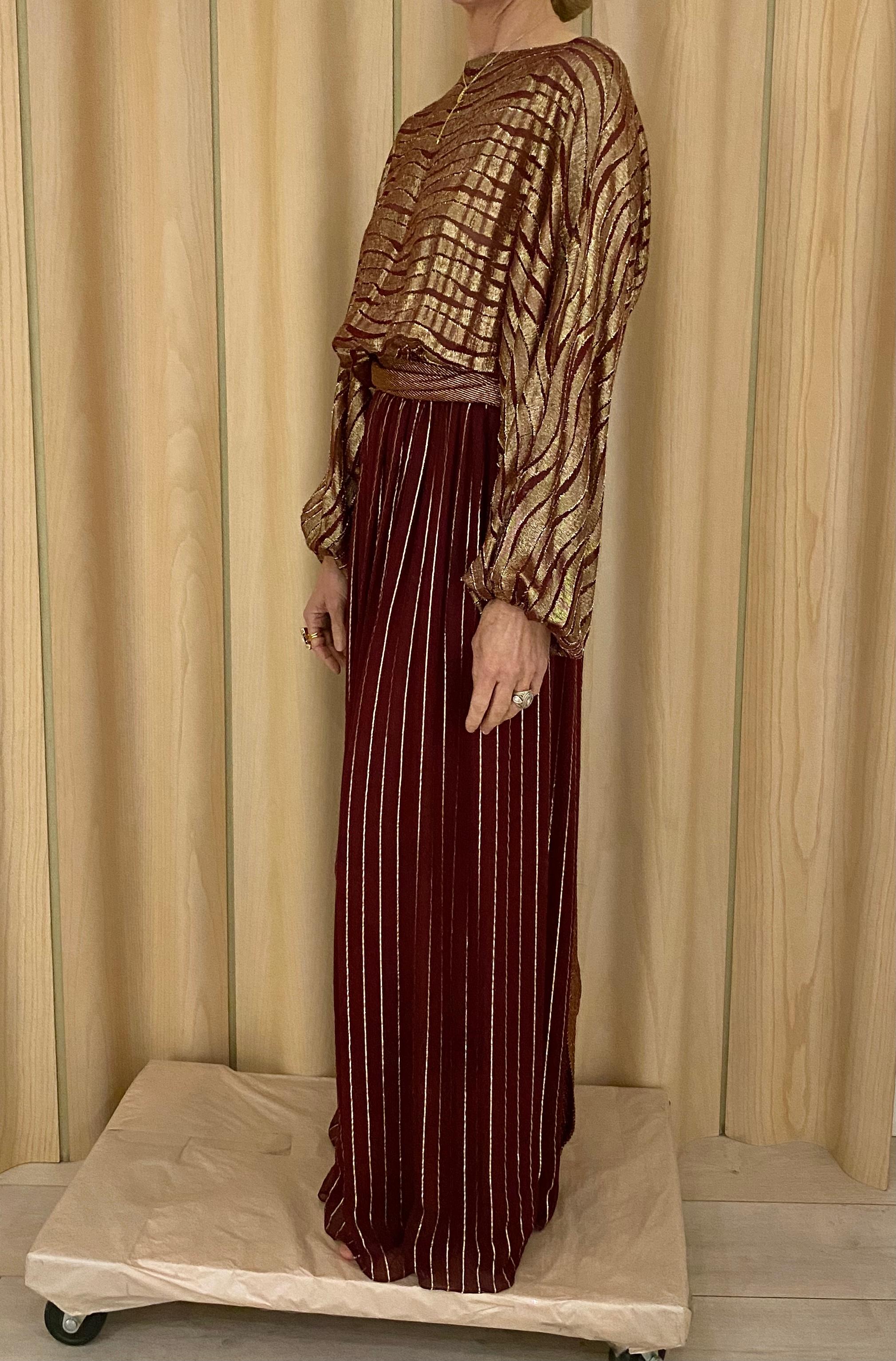 1970s BILL BLASS Burgundy Metallic Silk Maxi Dress In Excellent Condition In Beverly Hills, CA