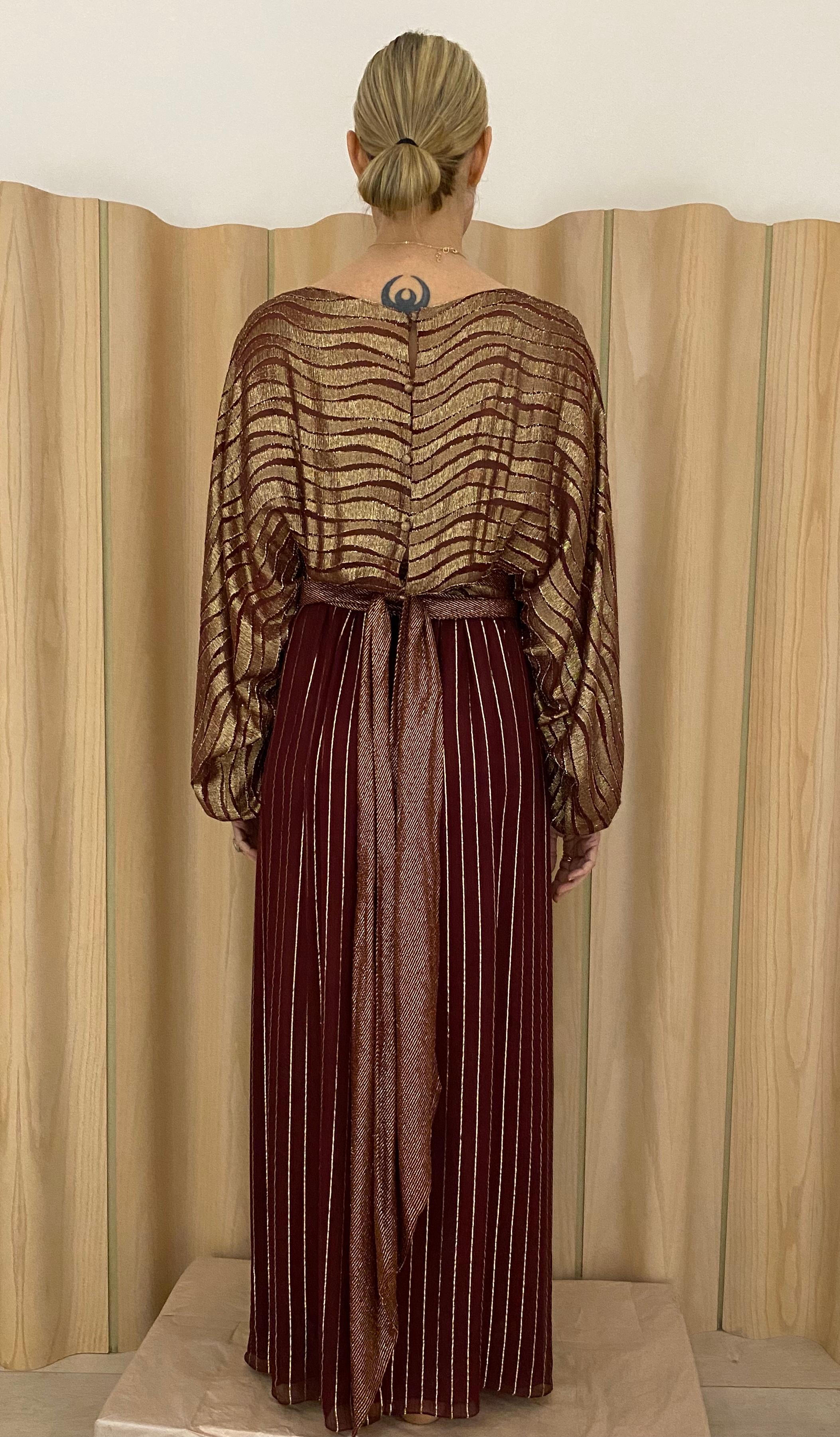 Women's 1970s BILL BLASS Burgundy Metallic Silk Maxi Dress