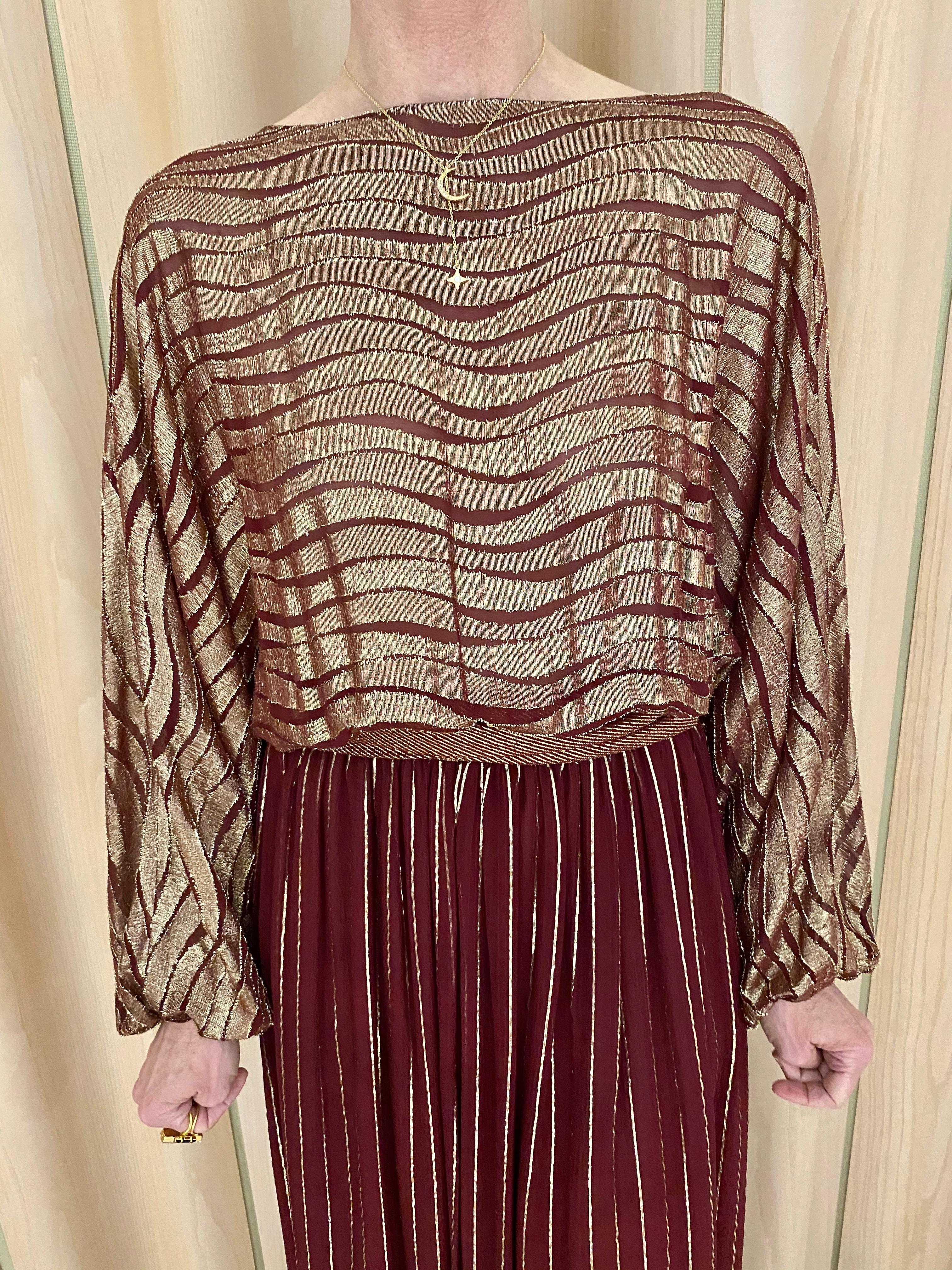 1970s BILL BLASS Burgundy Metallic Silk Maxi Dress 1