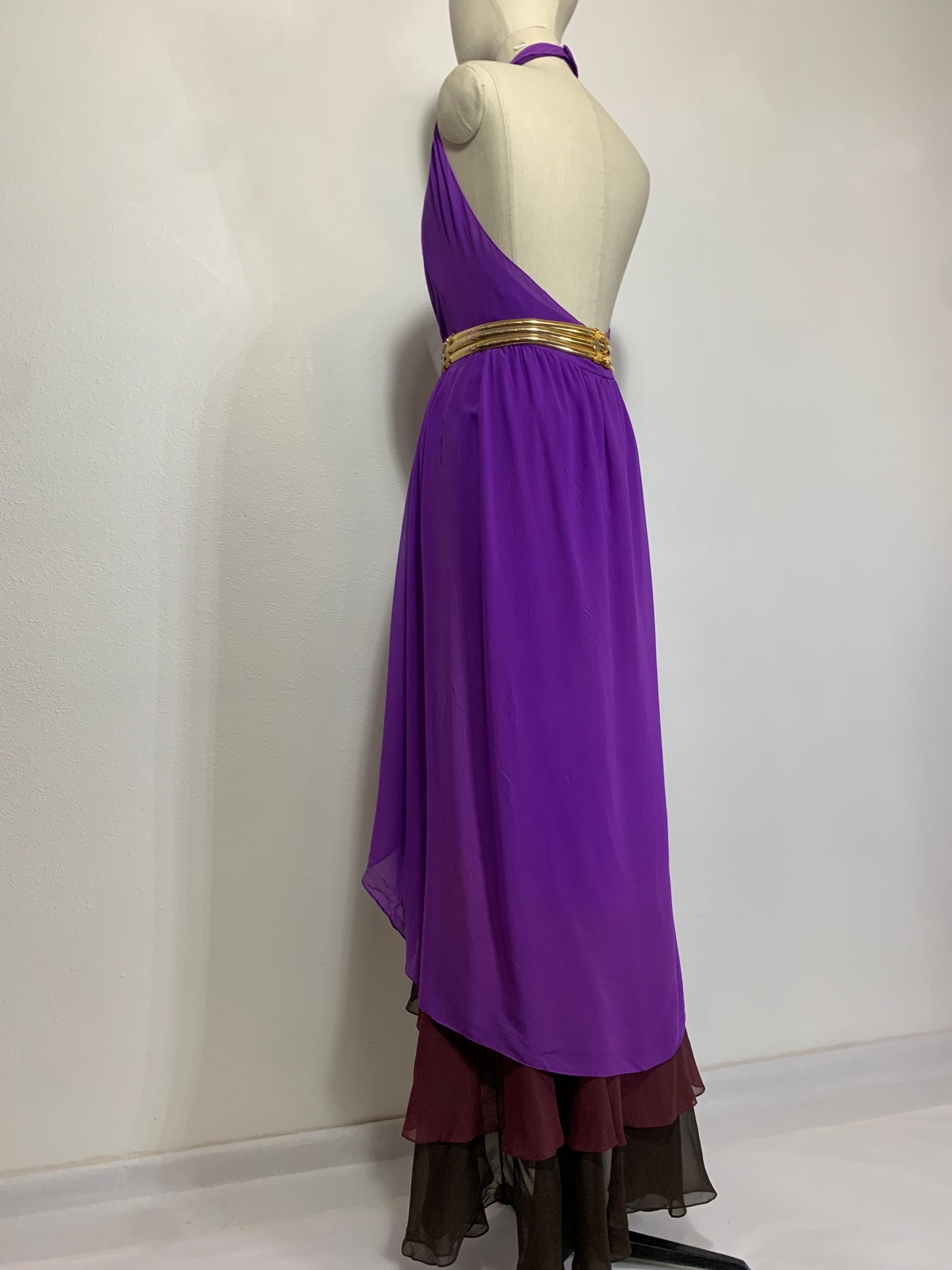 1970s Bill Blass Color-Blocked Purple Silk Chiffon Goddess Gown w Tiered Hem For Sale 6