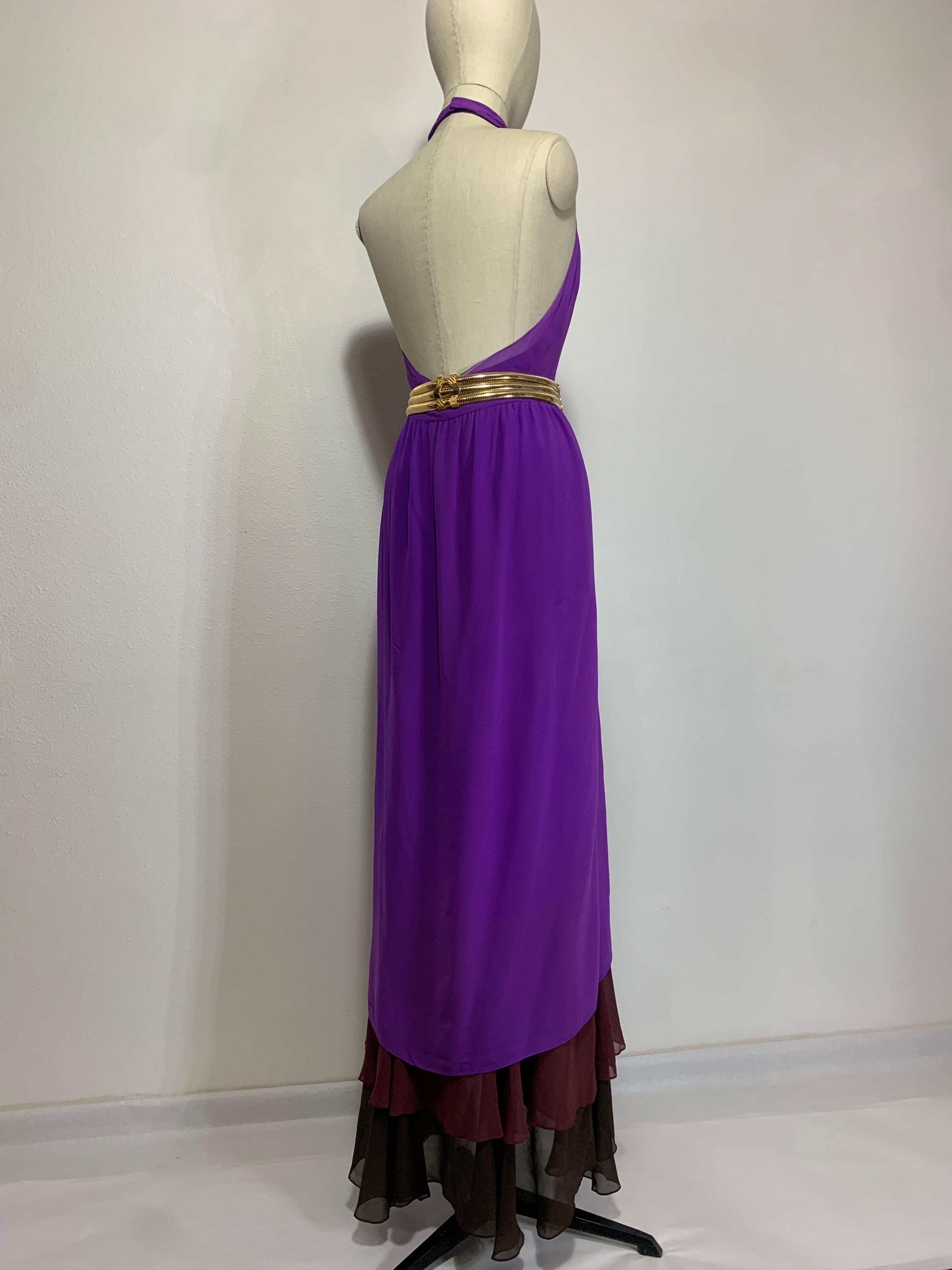 1970s Bill Blass Color-Blocked Purple Silk Chiffon Goddess Gown w Tiered Hem For Sale 8