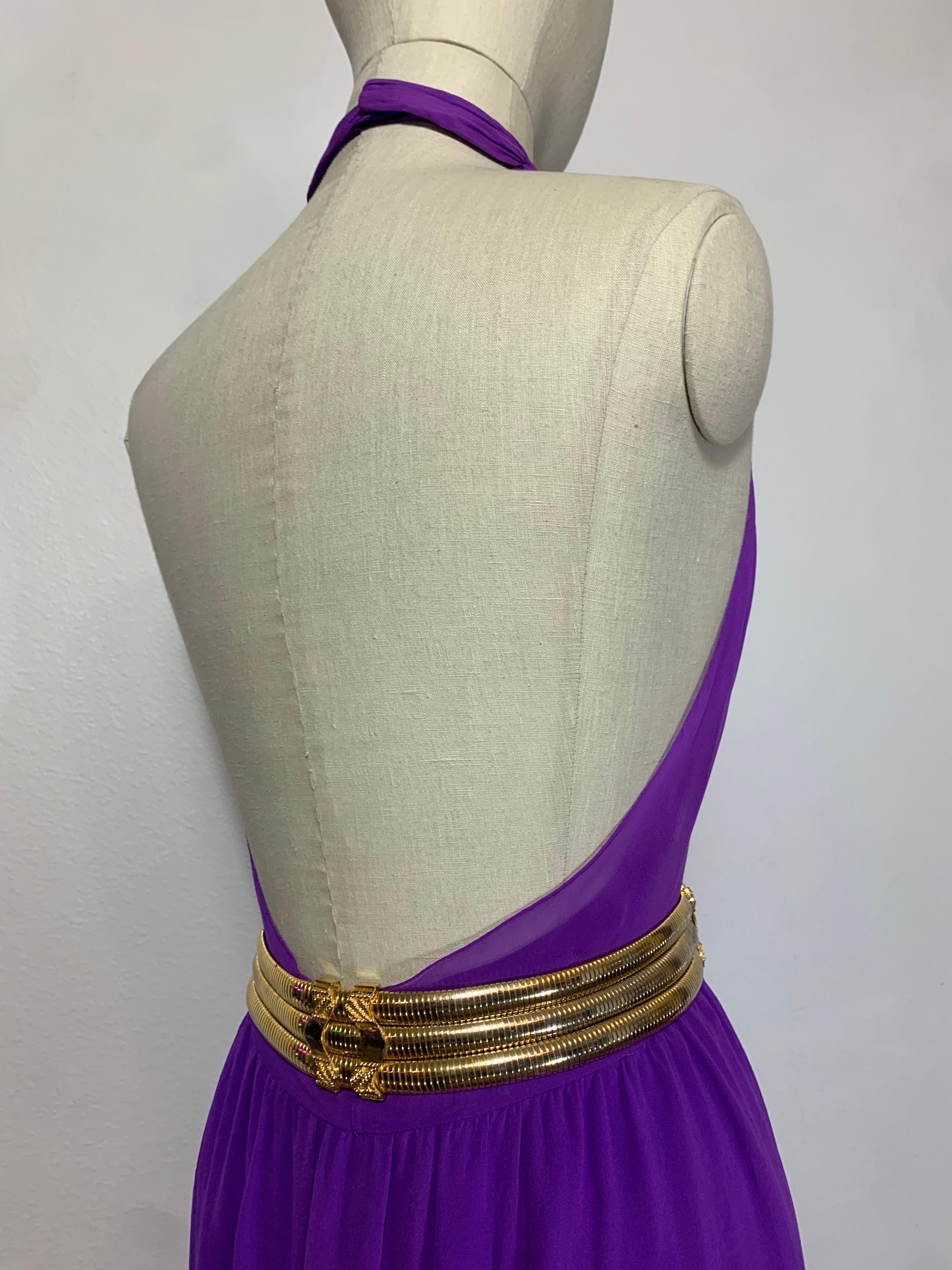 1970s Bill Blass Color-Blocked Purple Silk Chiffon Goddess Gown w Tiered Hem For Sale 9