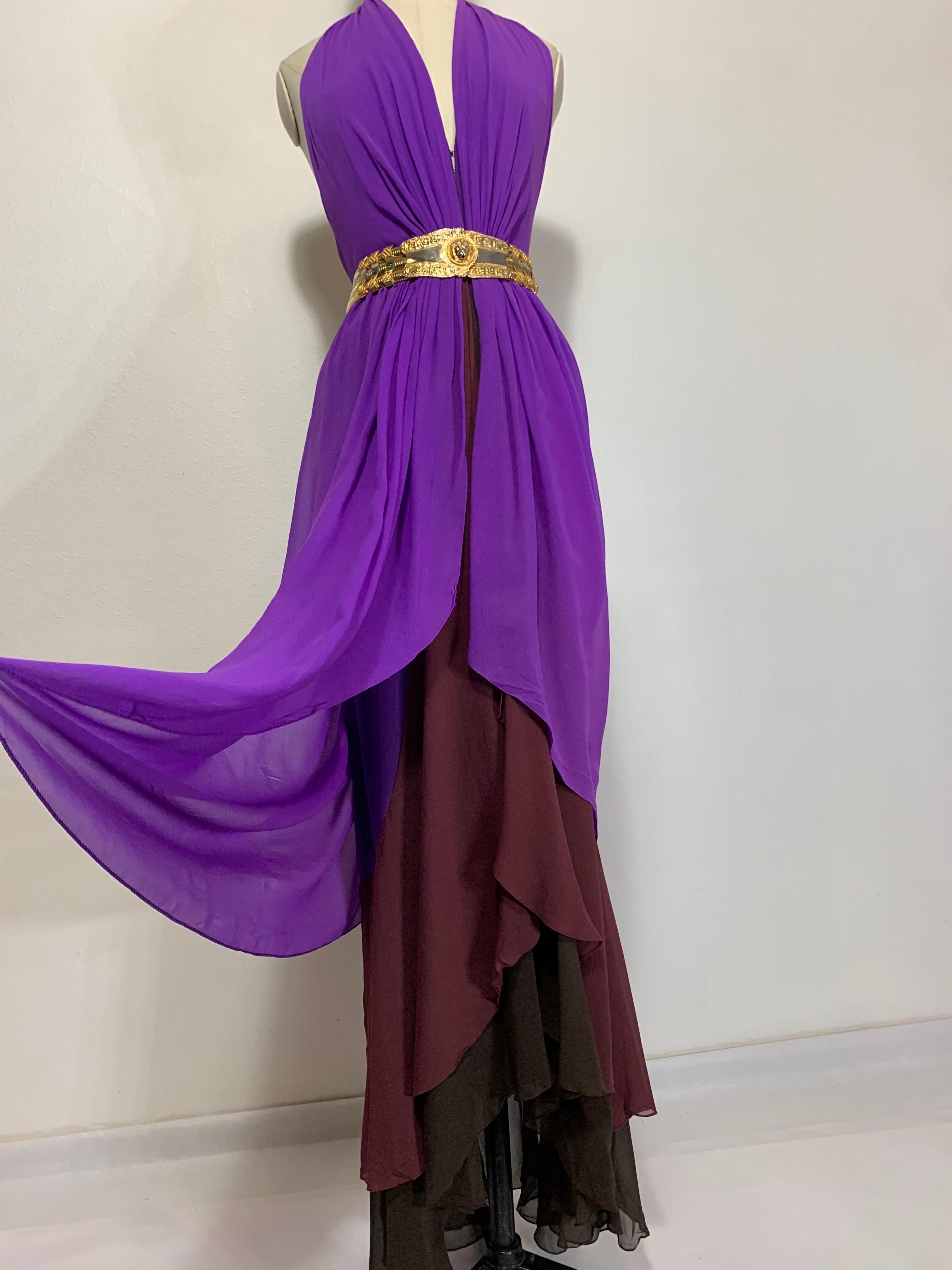1970s Bill Blass Color-Blocked Purple Silk Chiffon Goddess Gown w Tiered Hem For Sale 10