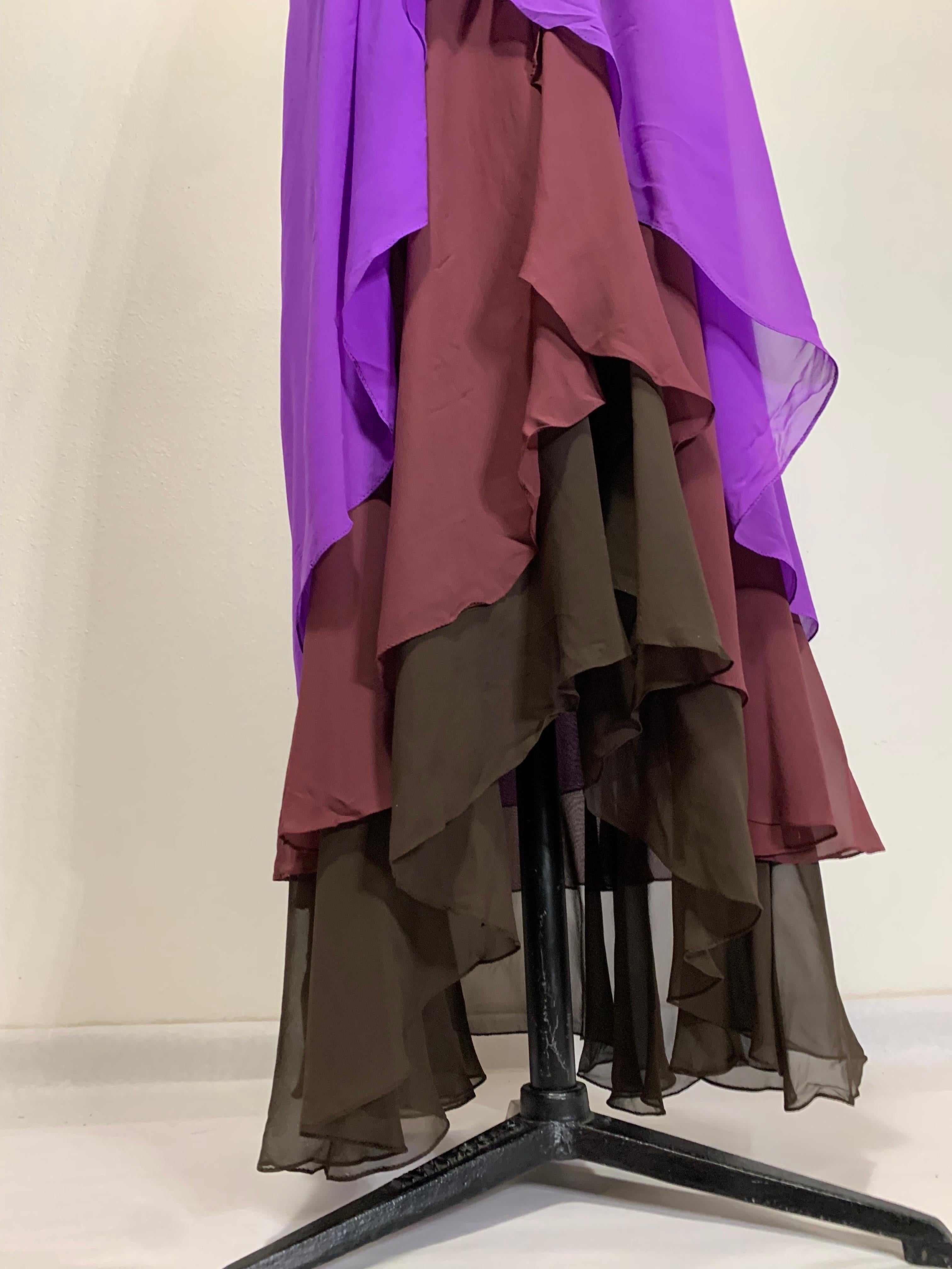 1970s Bill Blass Color-Blocked Purple Silk Chiffon Goddess Gown w Tiered Hem For Sale 11