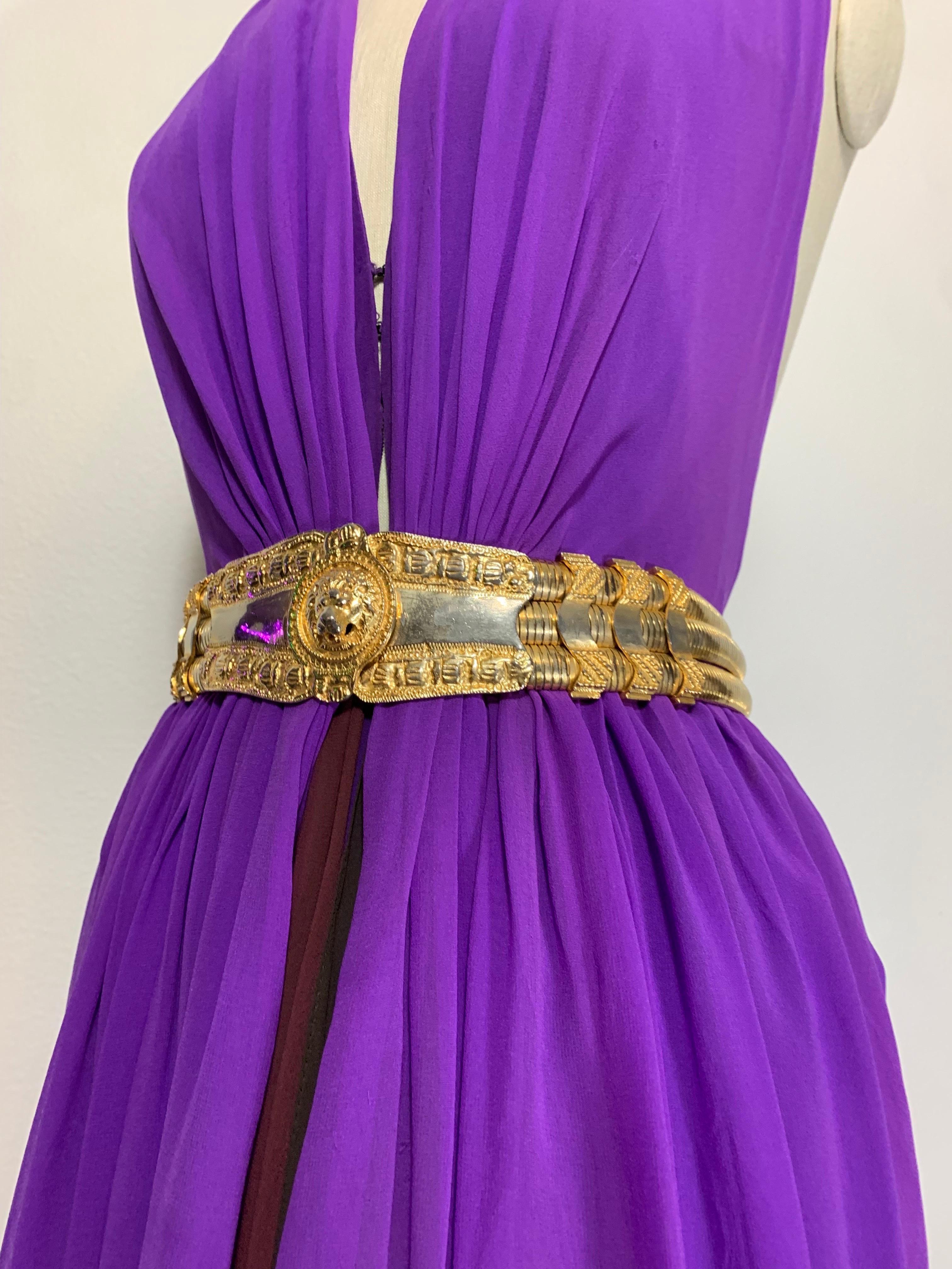 1970s Bill Blass 4-Layer Color-Blocked Purple, Brown and Rust Silk Chiffon Goddess Gown w Tiered  Scalloped Hem: Halter-styling with plunging low back. Hook and eye, zipper front closure and an included Judith Leiber gold stretch belt with lion head