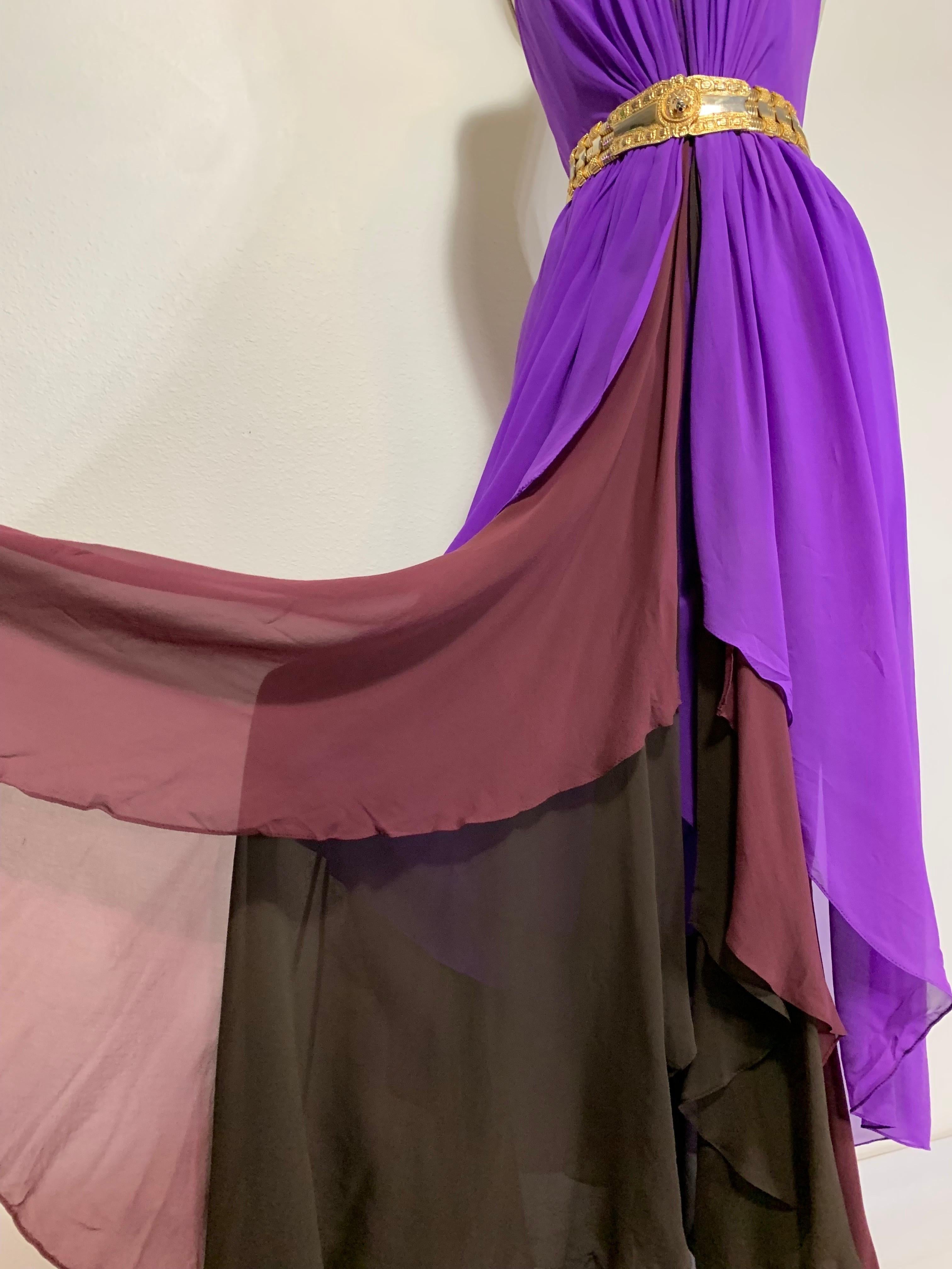1970s Bill Blass Color-Blocked Purple Silk Chiffon Goddess Gown w Tiered Hem For Sale 4