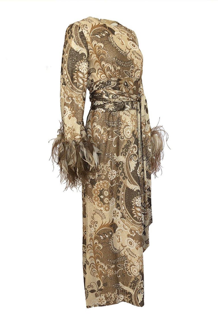 1970s Bill Blass Couture Metallic Gold Lurex Knit Dress w Feather Cuffs ...