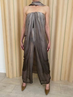 1970s Bill Blass Grey and Brown Silk Chiffon Strapless Jumpsuit with Shawl