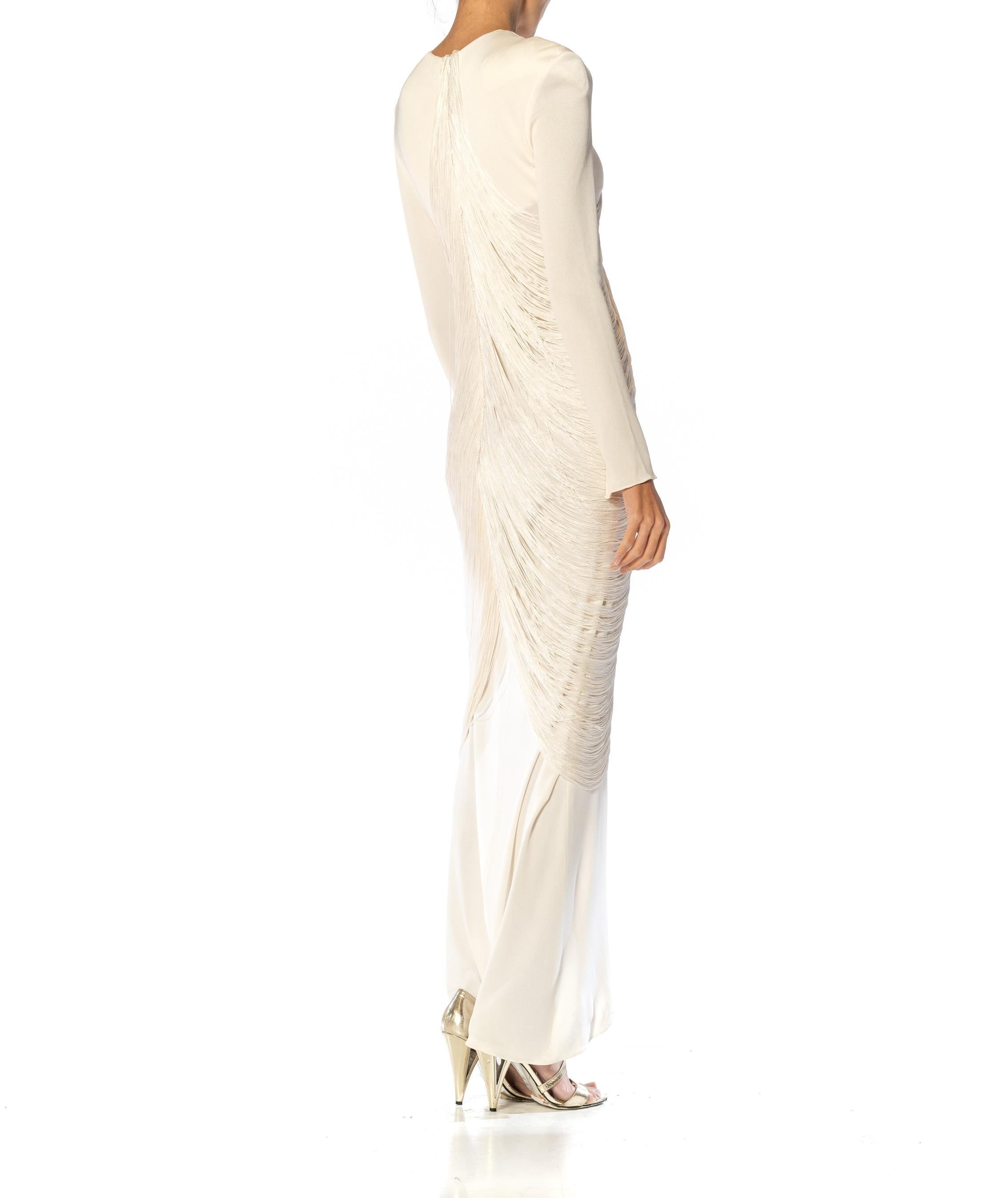 1970S BILL BLASS Off White Rayon & Silk Jersey Gown With Draped Fringe 7