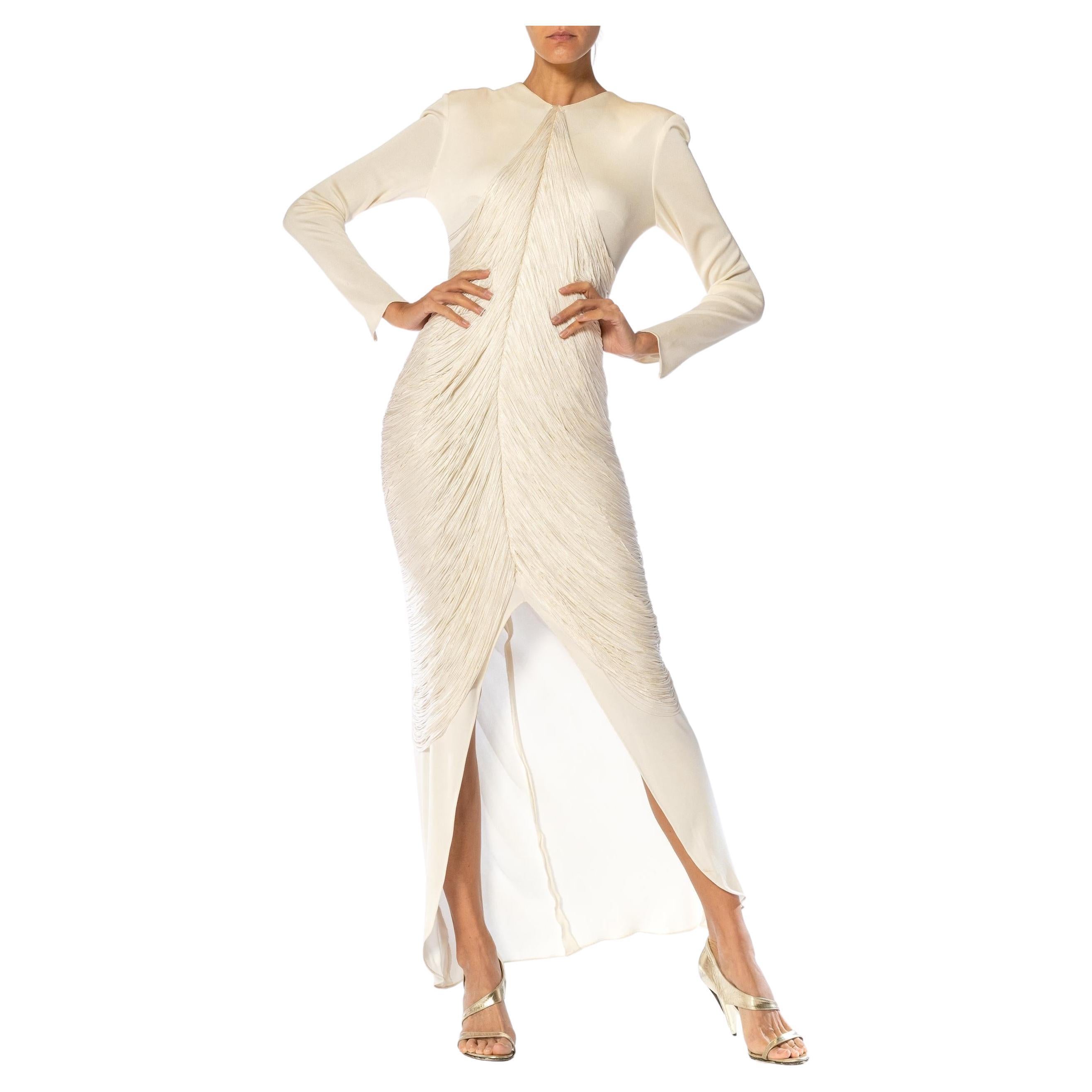 1970S BILL BLASS Off White Rayon & Silk Jersey Gown With Draped Fringe In Excellent Condition In New York, NY