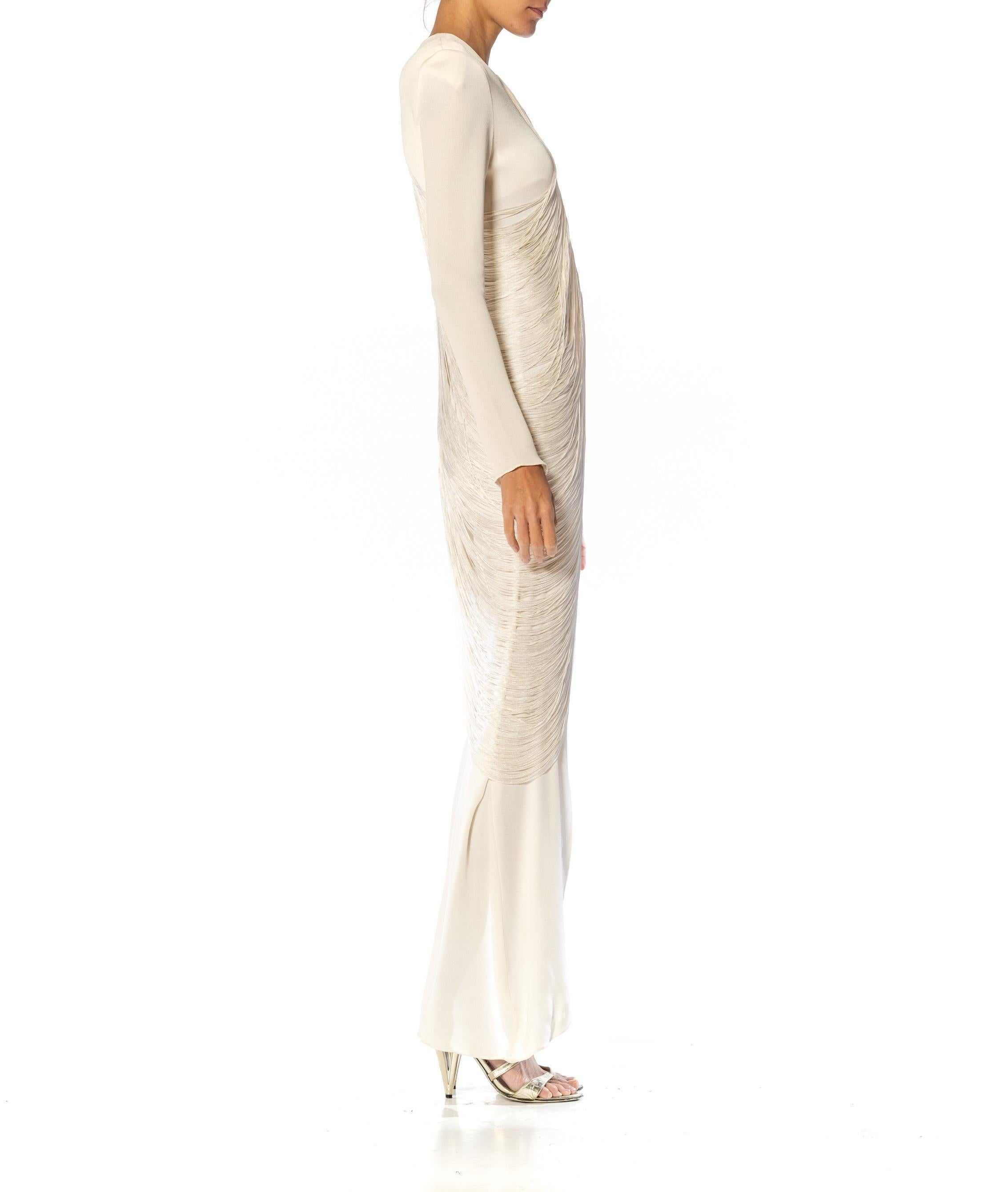 1970S BILL BLASS Off White Rayon & Silk Jersey Gown With Draped Fringe 2