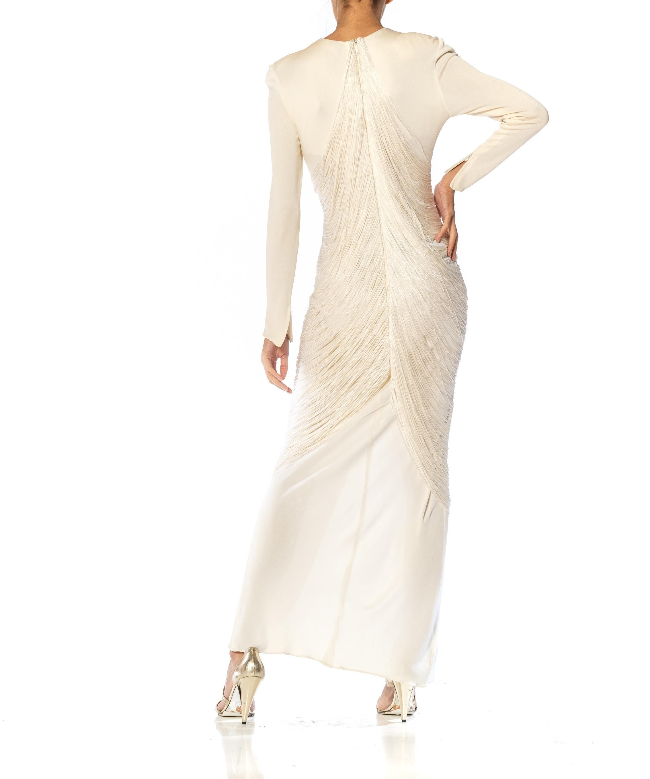 1970S BILL BLASS Off White Rayon & Silk Jersey Gown With Draped Fringe 5