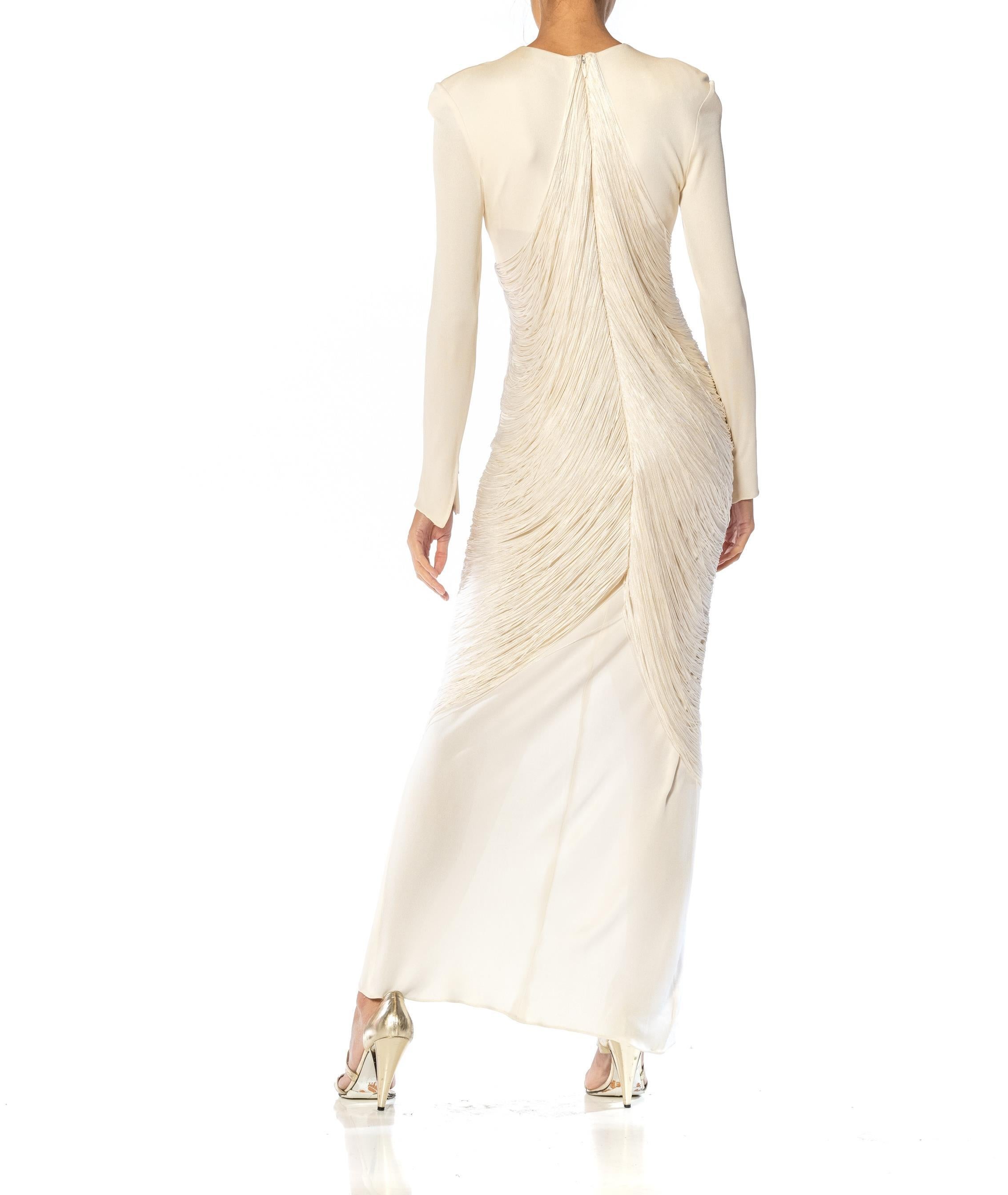 1970S BILL BLASS Off White Rayon & Silk Jersey Gown With Draped Fringe 6