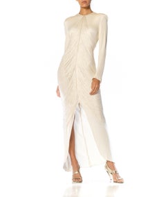 1970S BILL BLASS Off White Rayon & Silk Jersey Gown With Draped Fringe