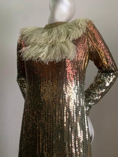 1970s Bill Blass Ombre Sequin Long-Sleeved Maxi Gown w Ostrich Feather Bib