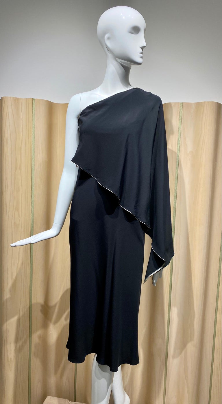 1970s Bill Blass One Shoulder Black Silk Cocktail Dress For Sale at 1stDibs