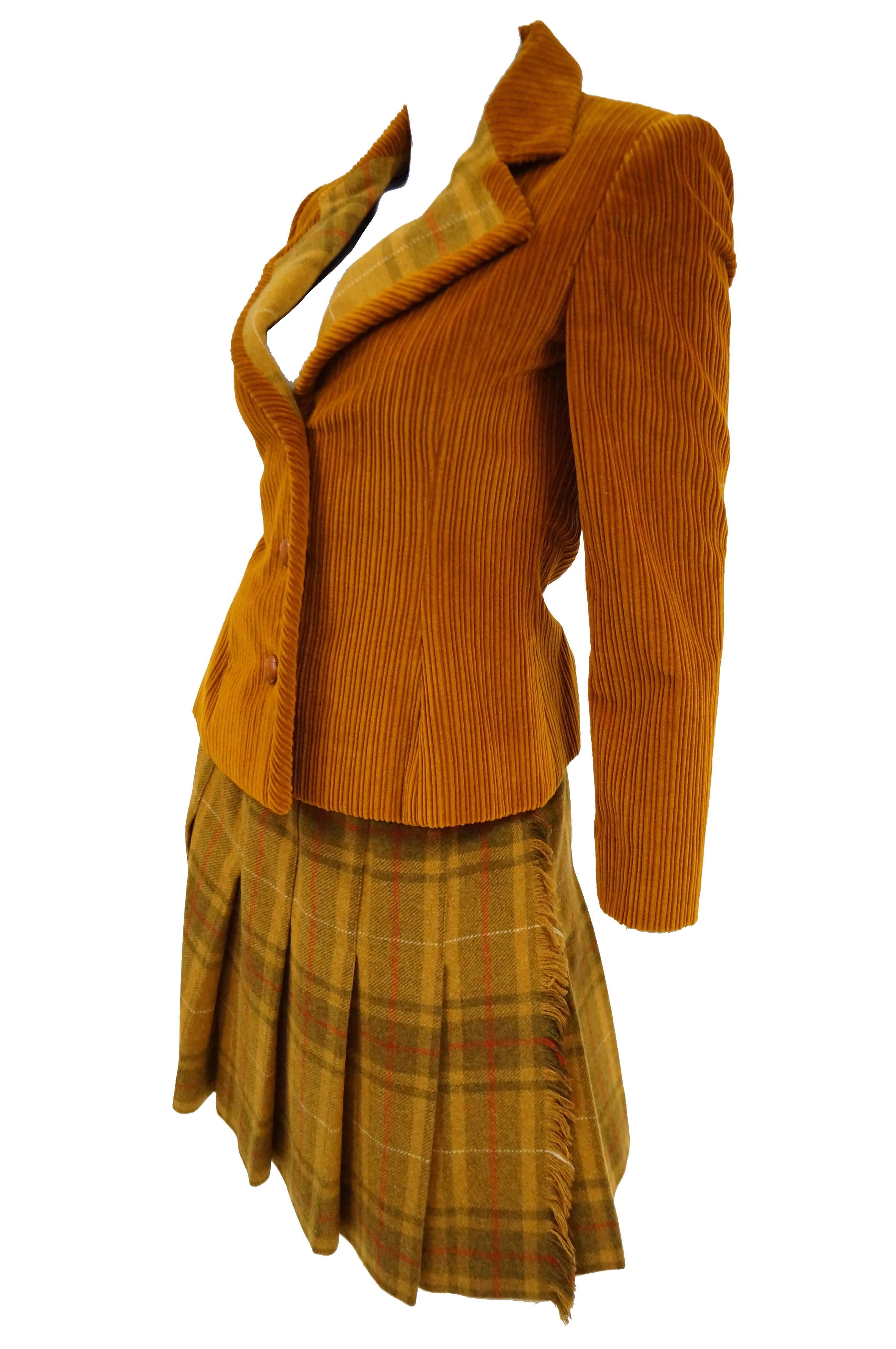 Bill Blass - Costume jupe plissée en velours côtelé et à carreaux orange, années 1970 Excellent état - En vente à Houston, TX
