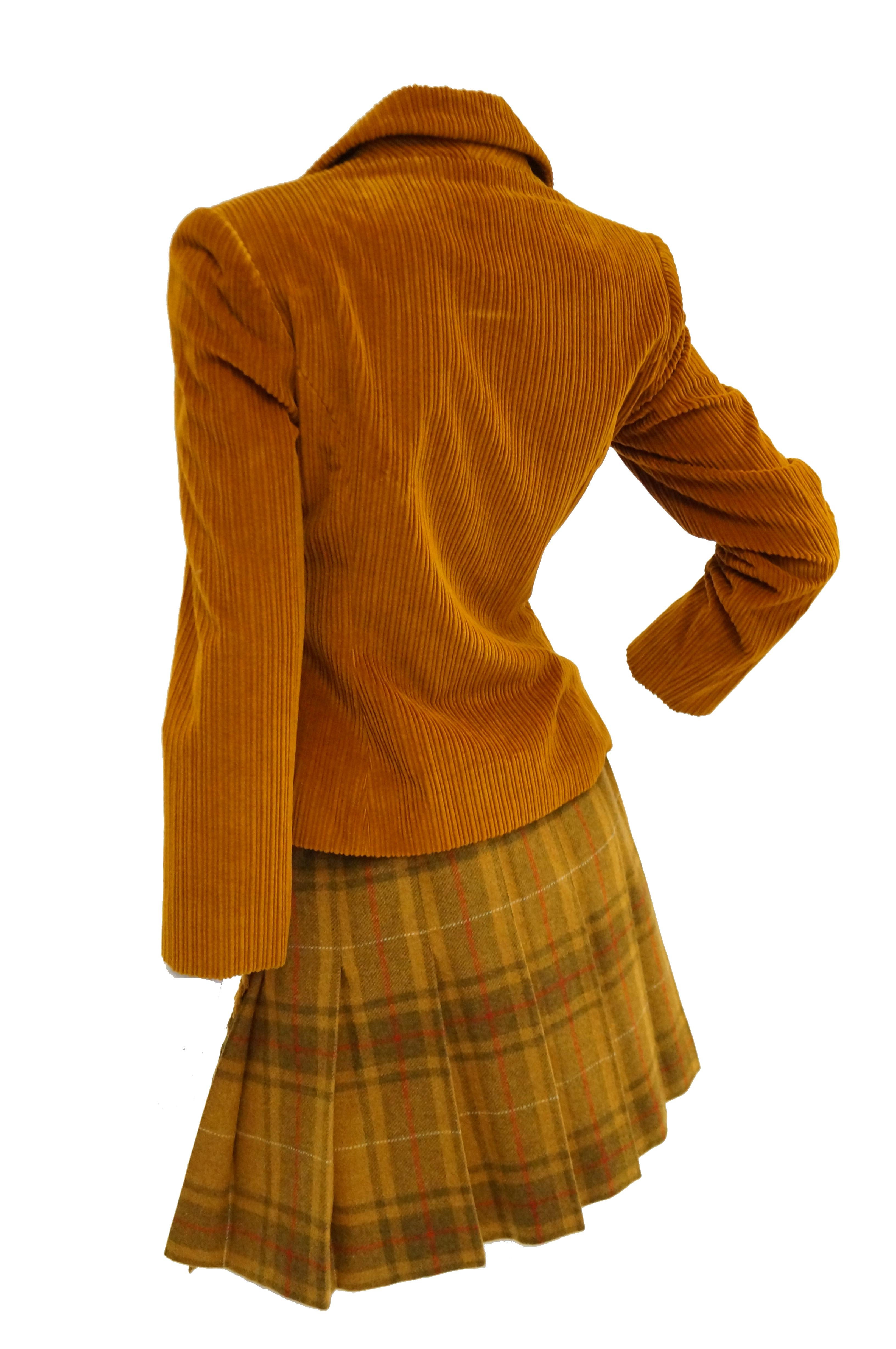 1970s Bill Blass Orange Corduroy and Plaid Pleated Skirt Suit In Excellent Condition For Sale In Houston, TX