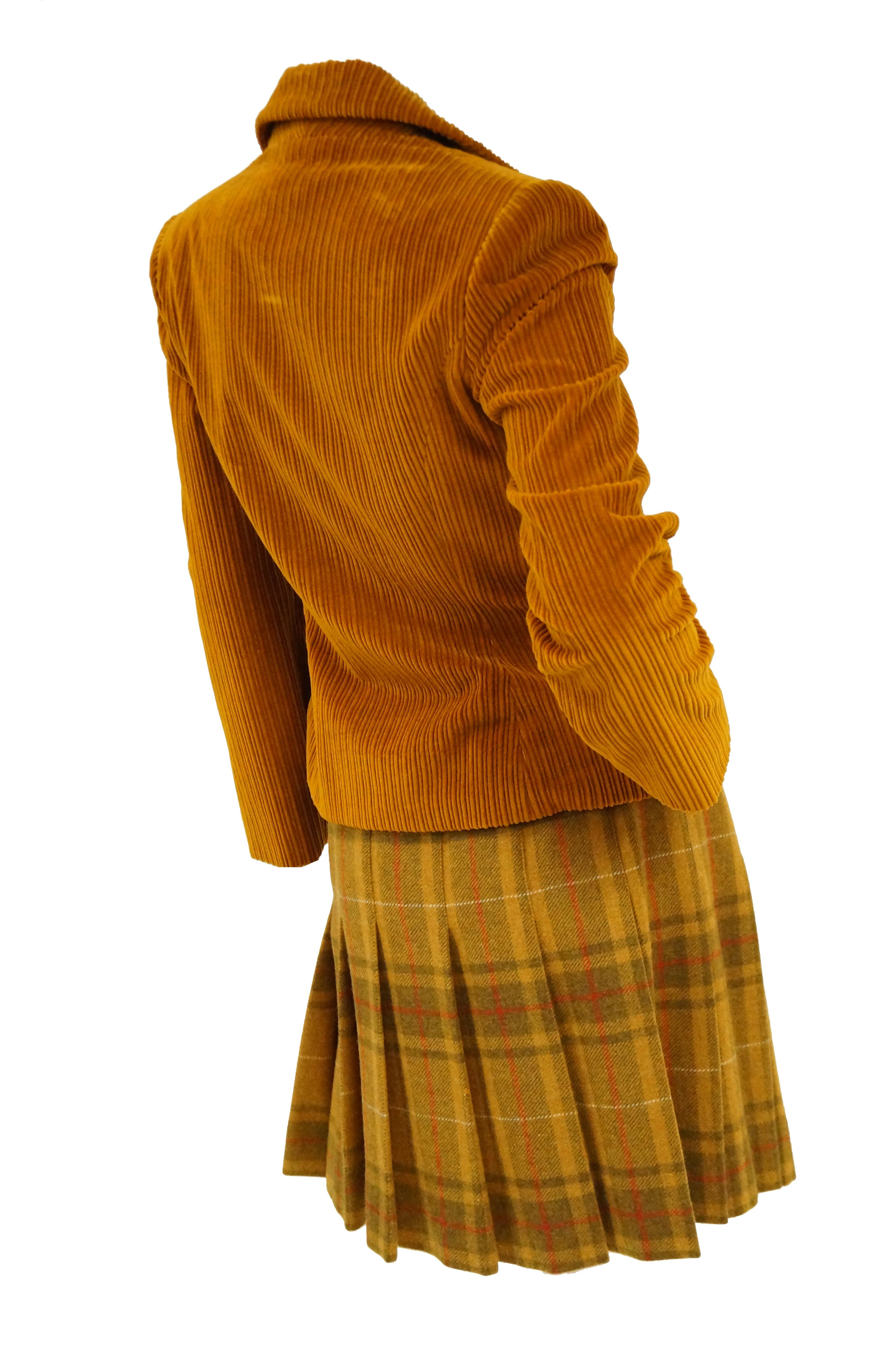Women's 1970s Bill Blass Orange Corduroy and Plaid Pleated Skirt Suit For Sale