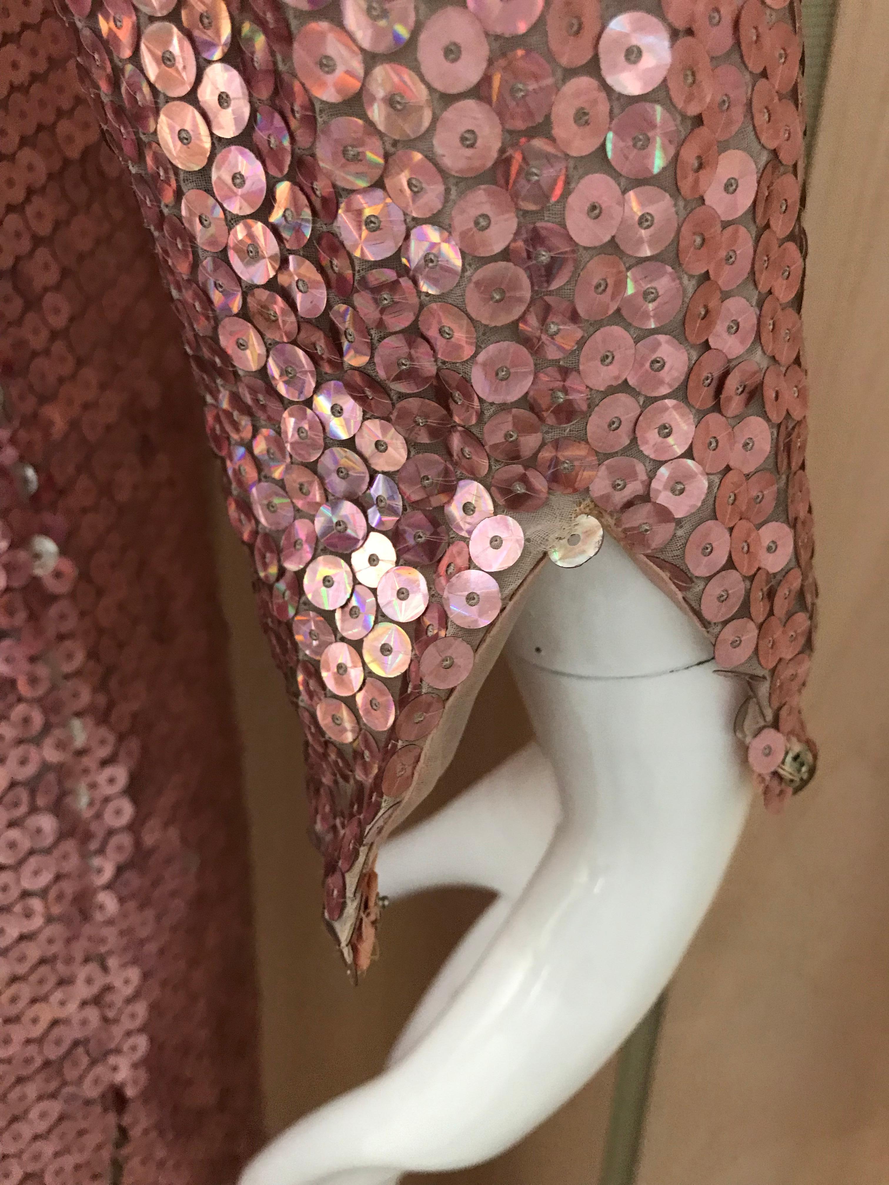 1970s Bill Blass Pink Metallic Sequin Long Sleeve Gown For Sale 2