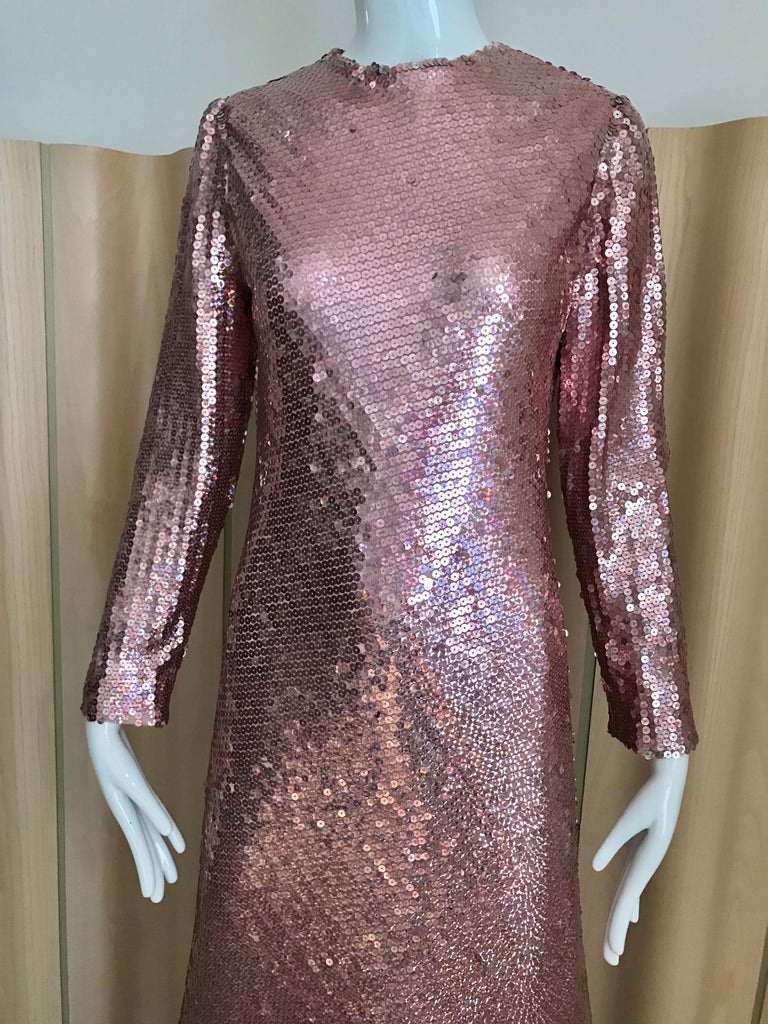 1970s Bill Blass Pink Metallic Sequin Long Sleeve Gown For Sale at 1stDibs