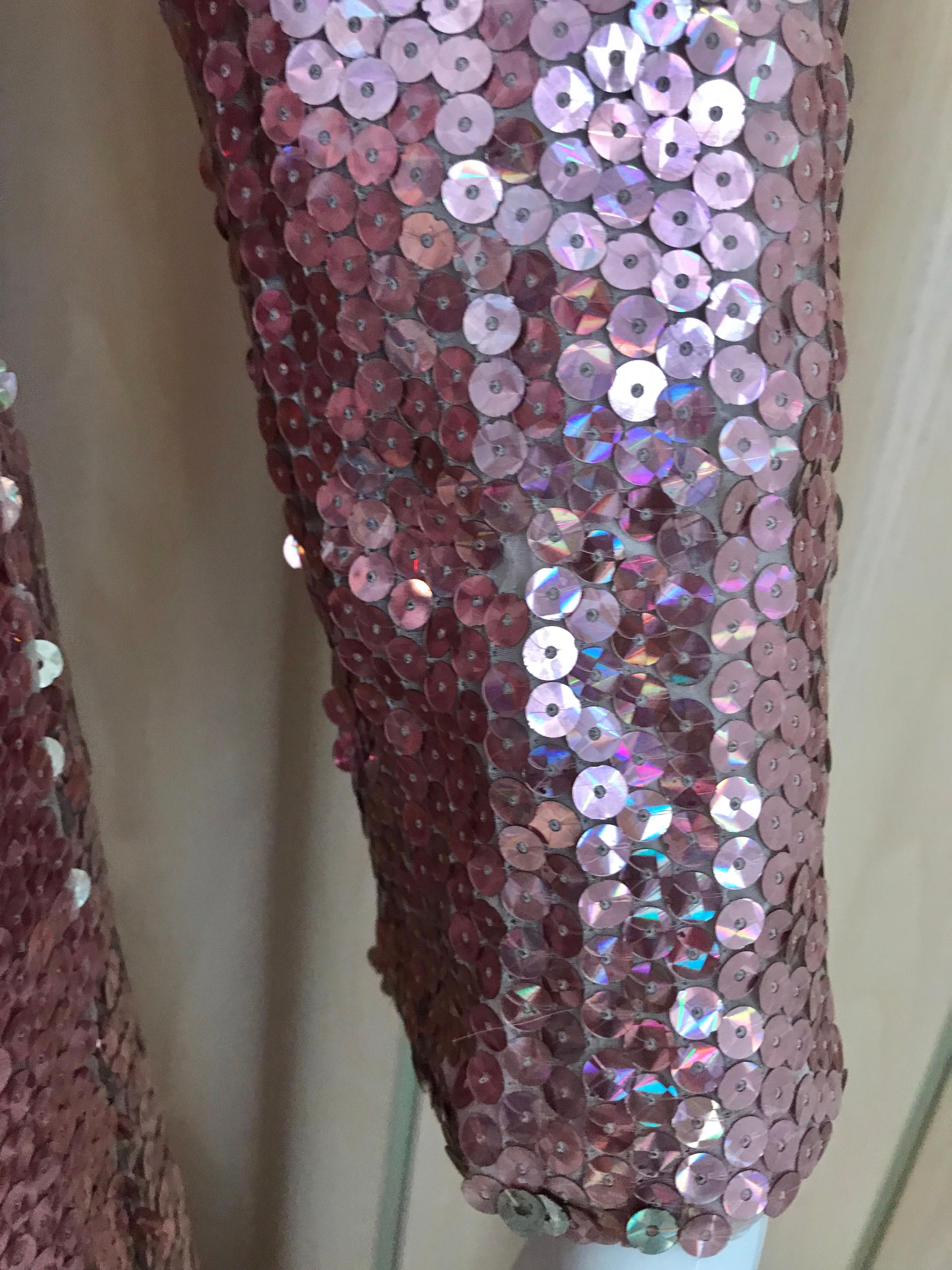 1970s Bill Blass Pink Metallic Sequin Long Sleeve Gown For Sale 4