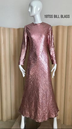 1970s Bill Blass Pink Metallic Sequin Long Sleeve Gown