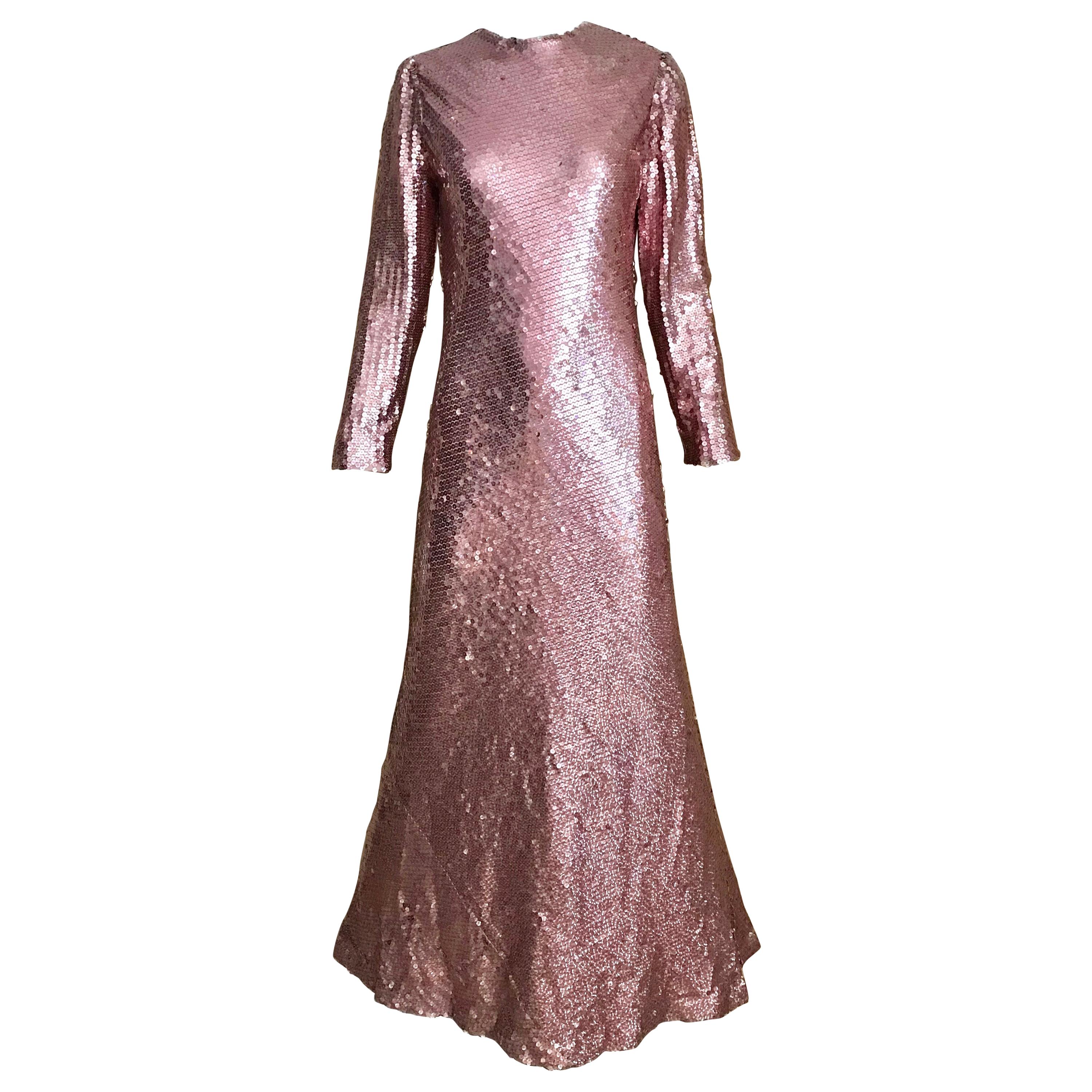1970s Bill Blass Pink Metallic Sequin Long Sleeve Gown
