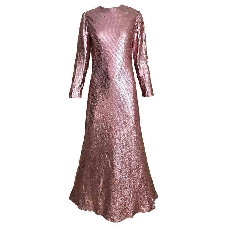 1970s Bill Blass Pink Metallic Sequin Long Sleeve Gown For Sale at 1stDibs  | pink metallic long sleeve dress, natalia dress - chartreuse sequin, pink  sequin long sleeve dress