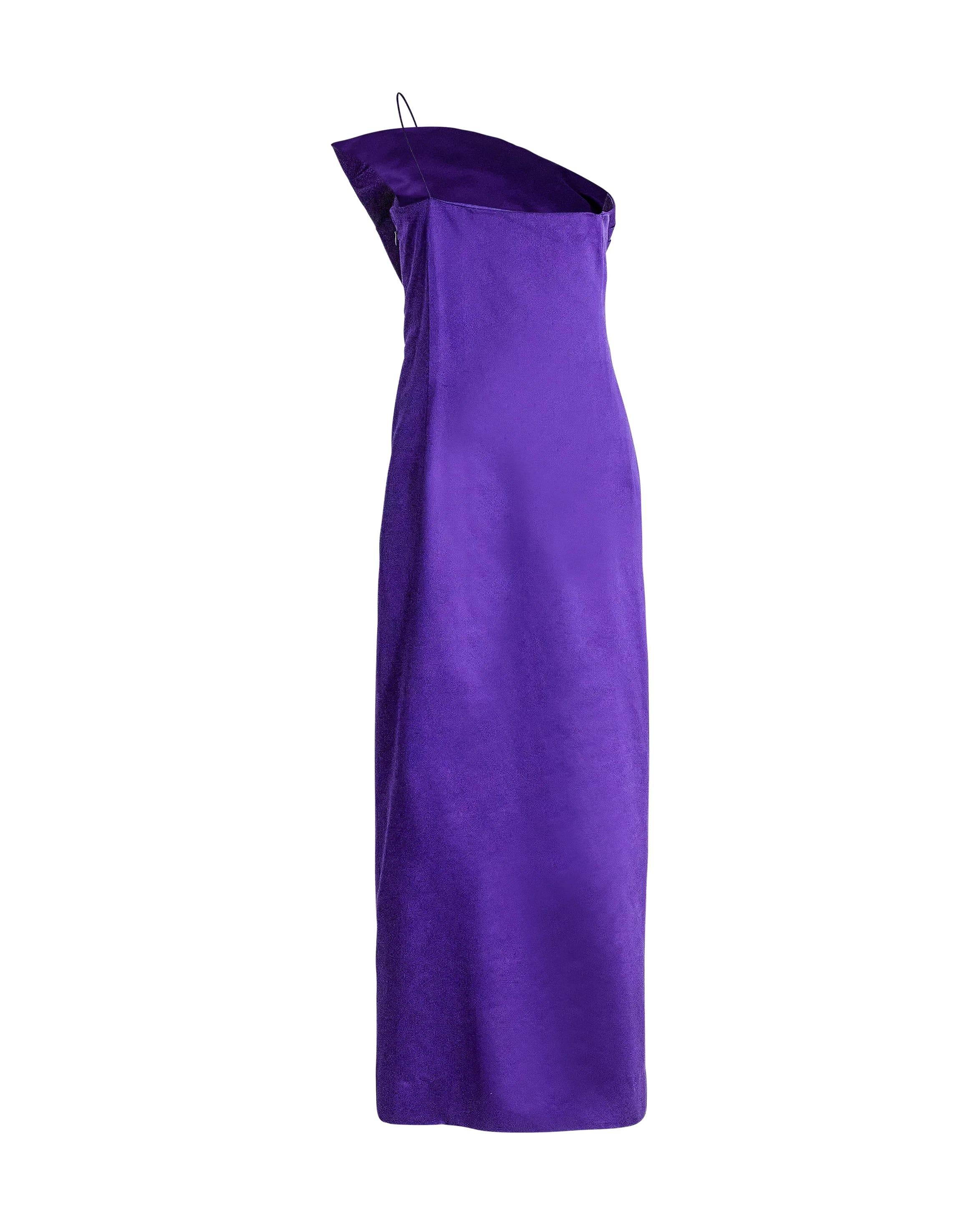 1970's Bill Blass Purple Silk Satin Asymmetrical One Shoulder Gown In Good Condition In North Hollywood, CA