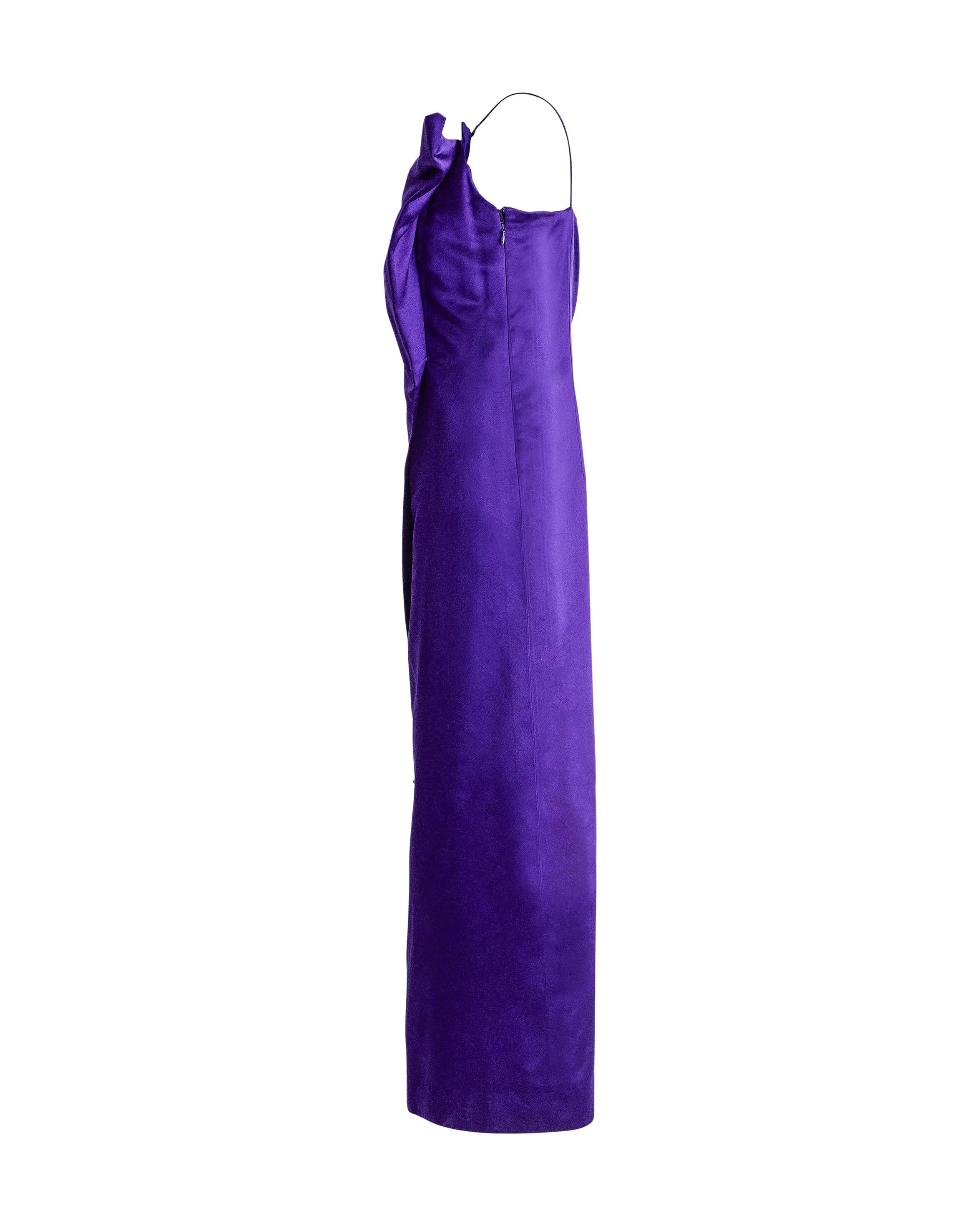 Women's 1970's Bill Blass Purple Silk Satin Asymmetrical One Shoulder Gown