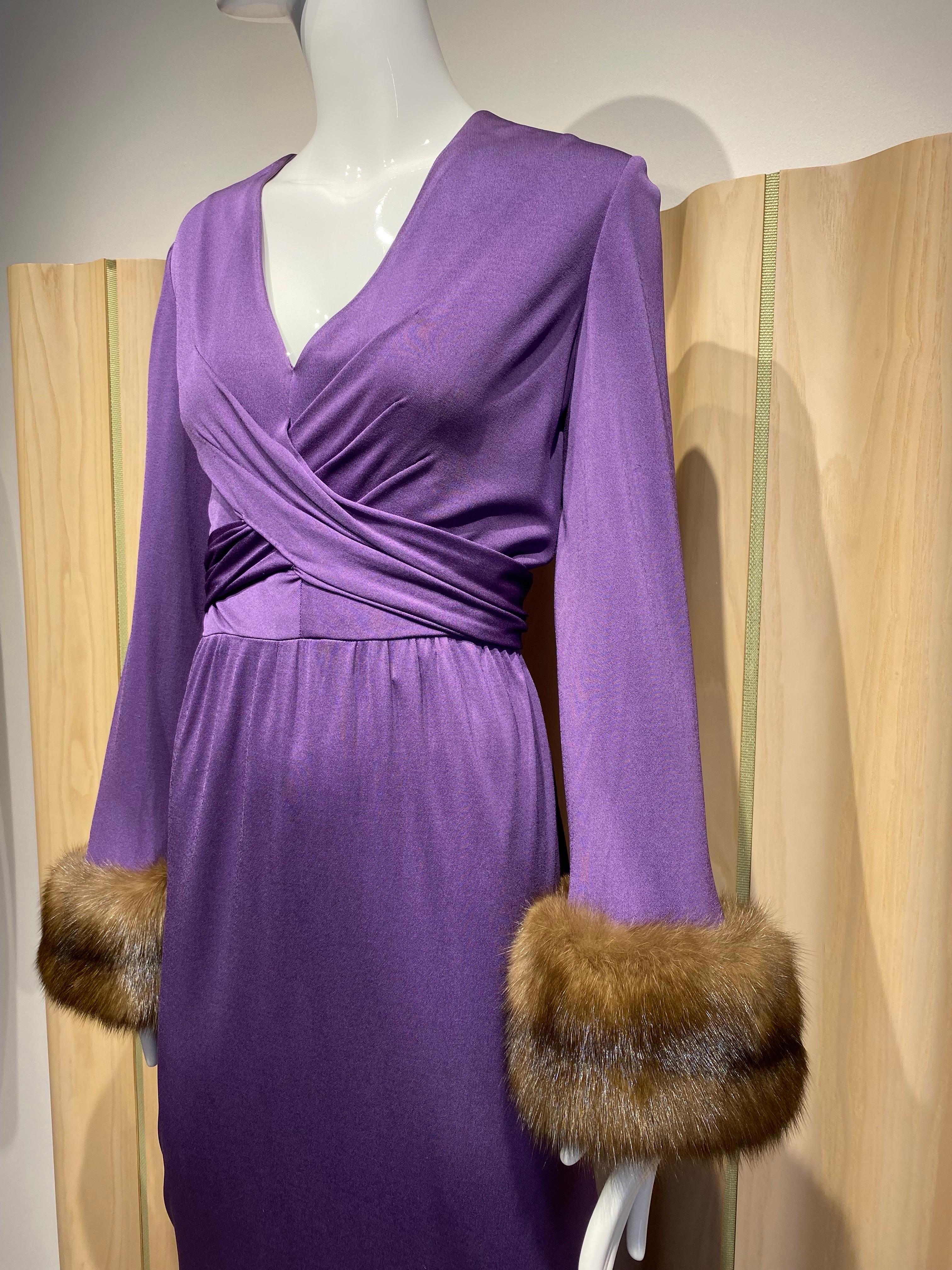 1970s BILL BLASS Purple V Neck Jersey Gown with Mink Cuff In Good Condition For Sale In Beverly Hills, CA