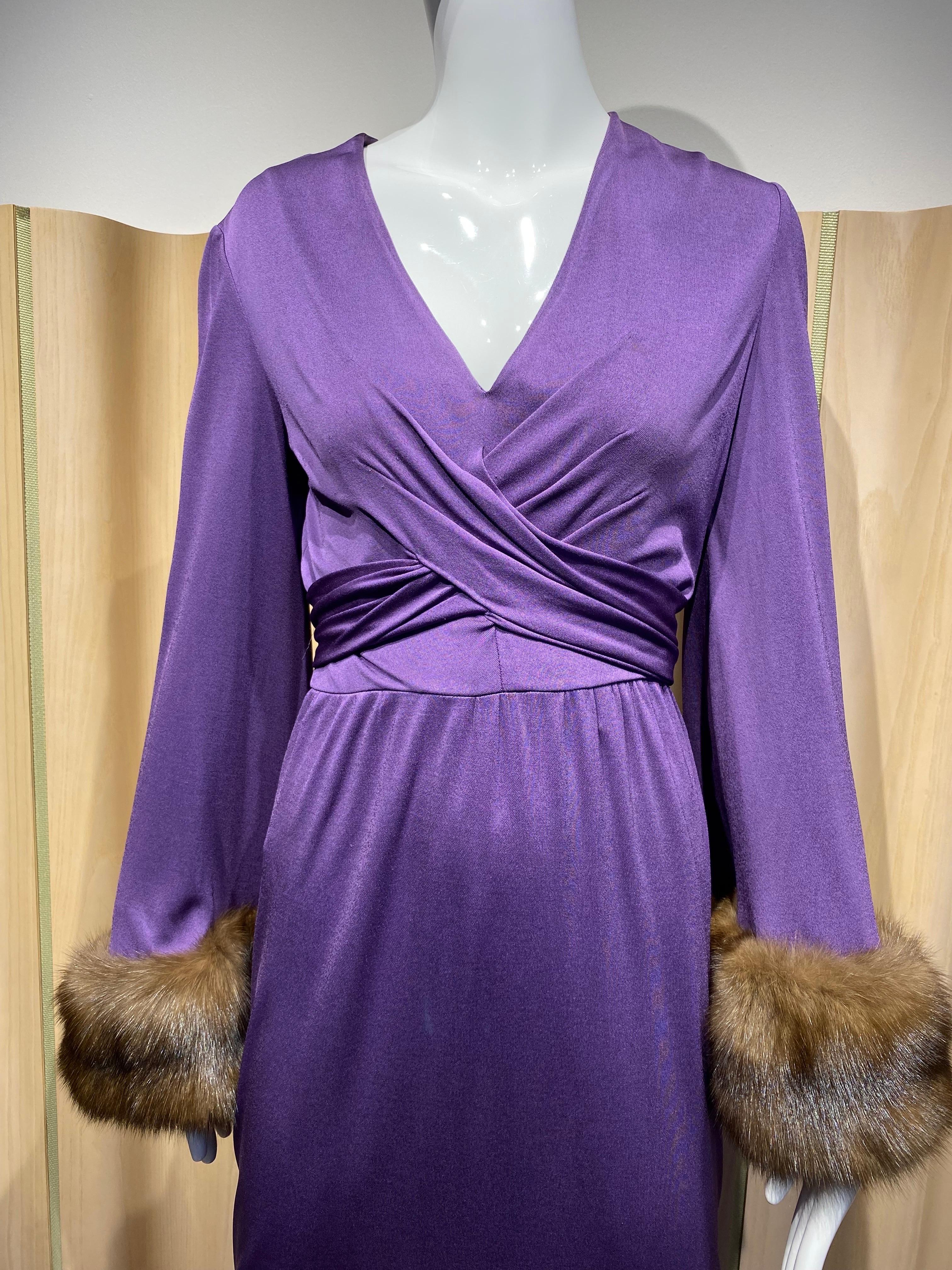 1970s BILL BLASS Purple V Neck Jersey Gown with Mink Cuff For Sale 1