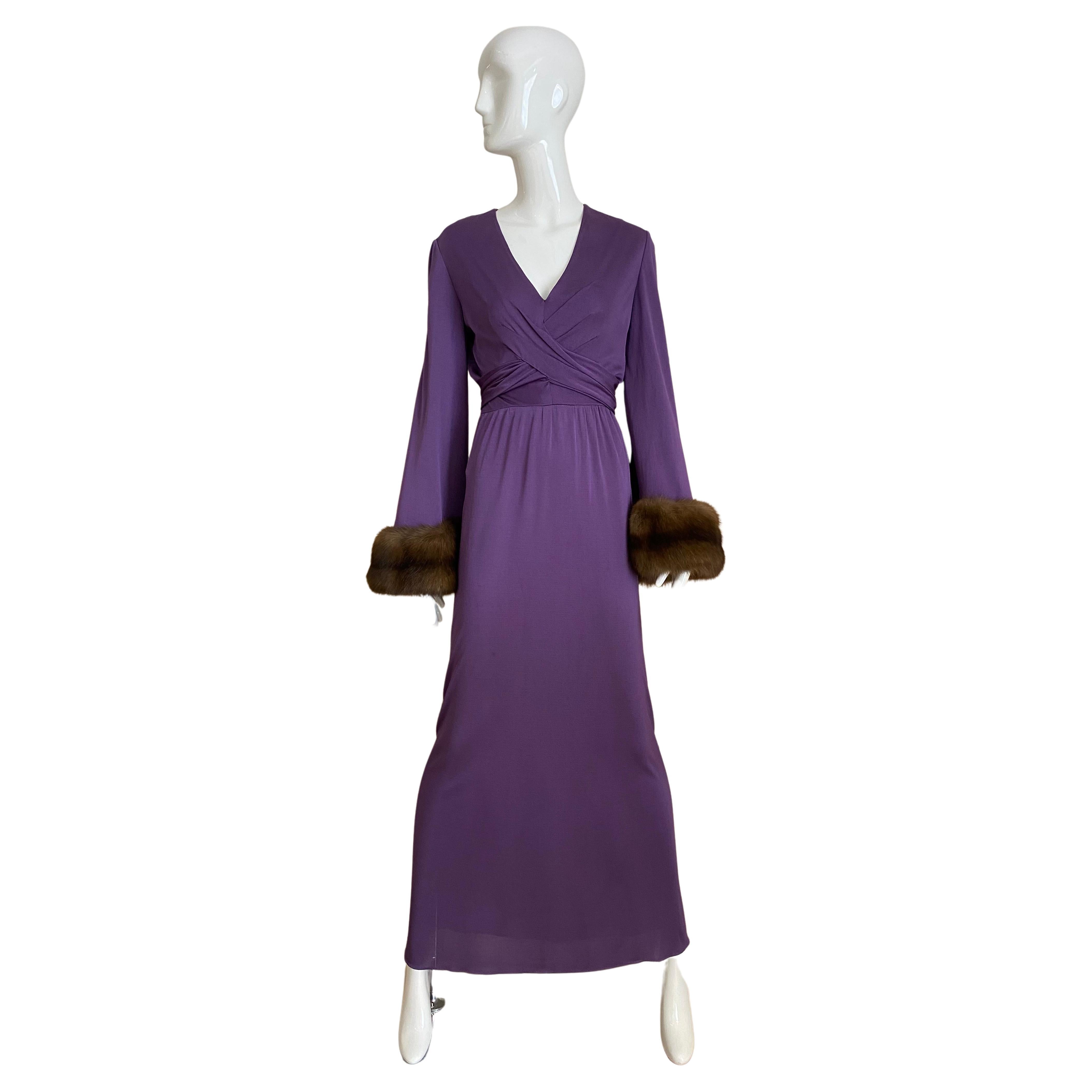 1970s BILL BLASS Purple V Neck Jersey Gown with Mink Cuff For Sale