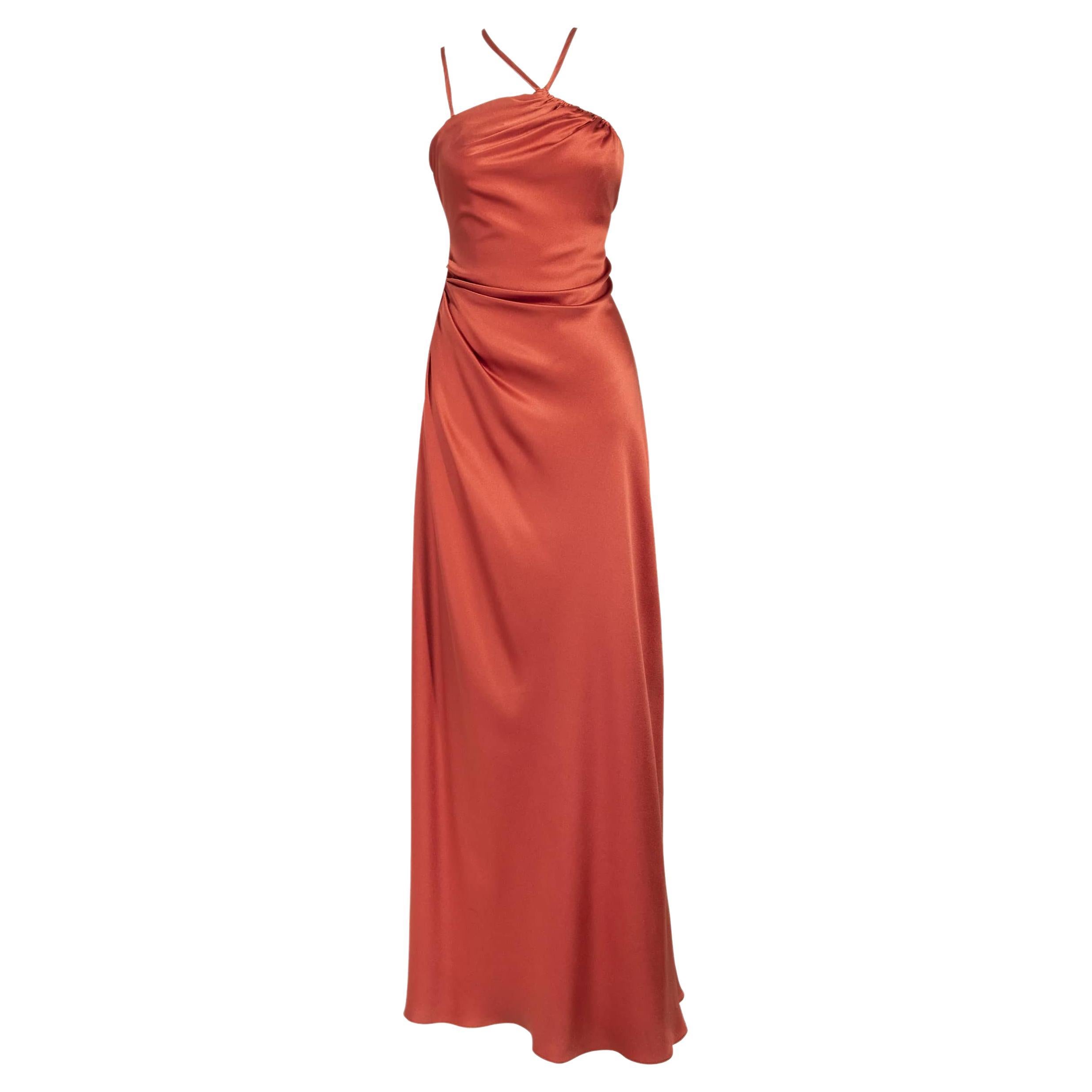 1970's Bill Blass Rust Silk Asymmetrical Neckline Halter Gown