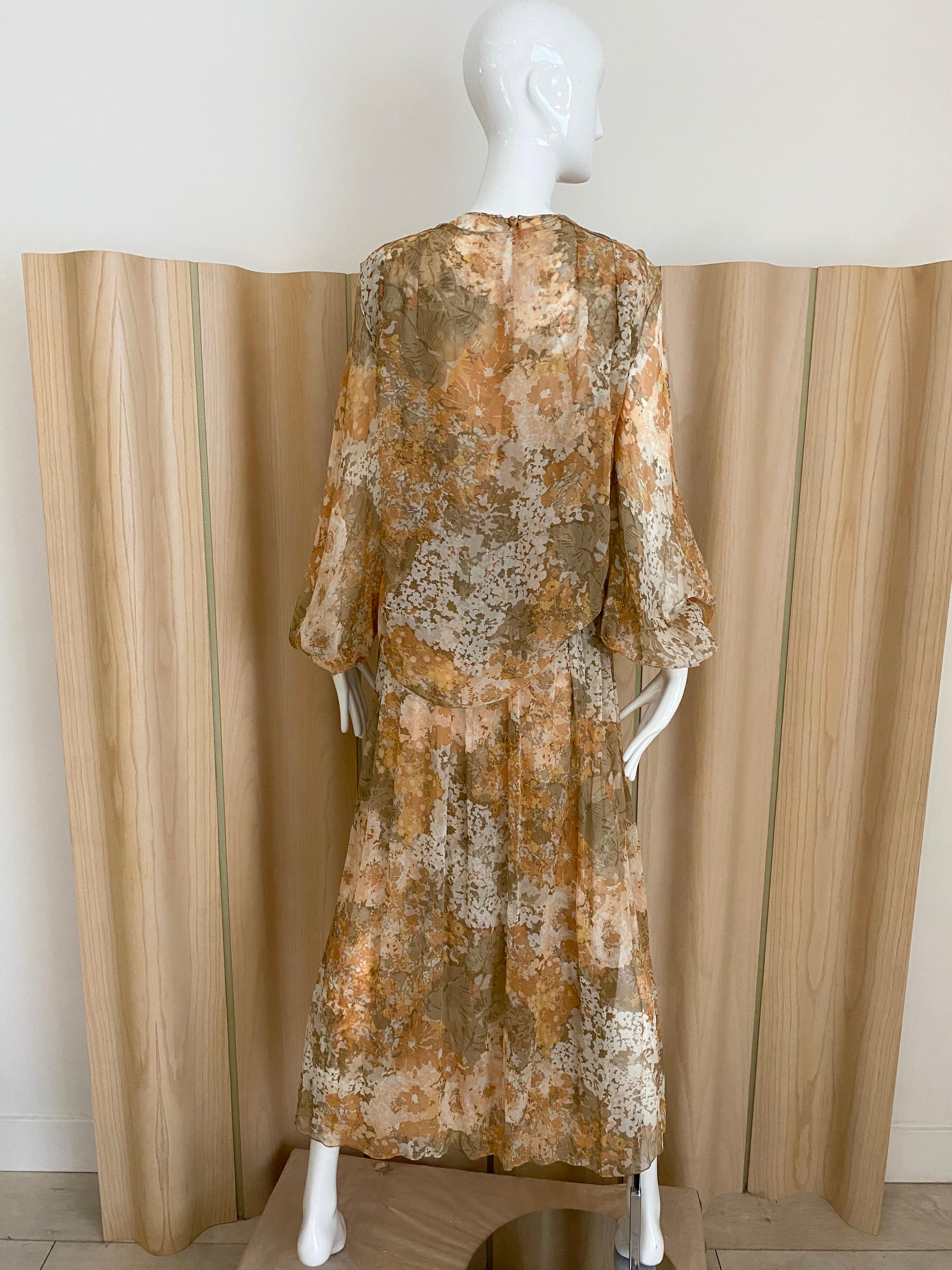 Brown 1970s Bill Blass Silk Crepe Floral Print Long Sleeve Maxi Dress
