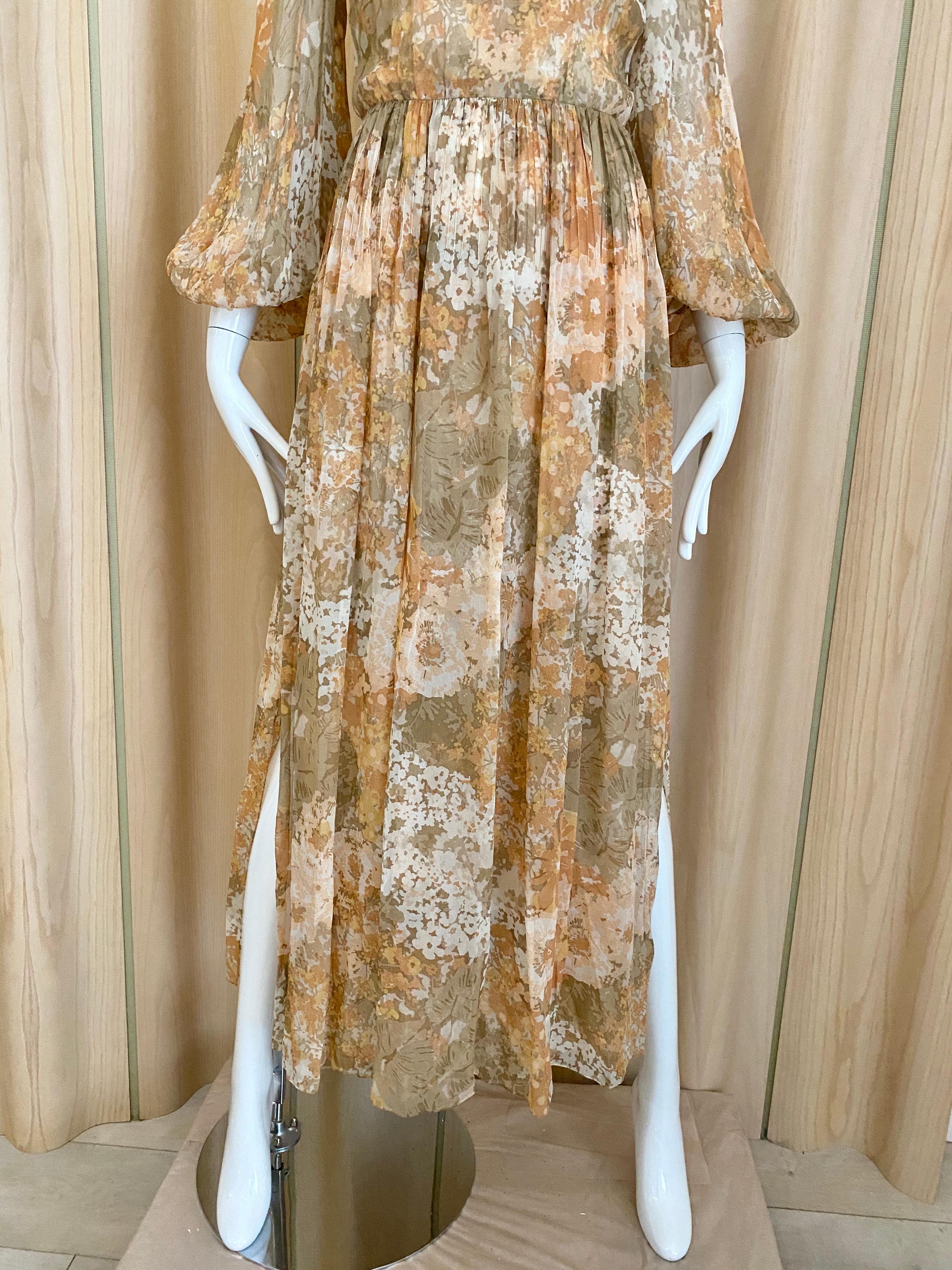 Women's 1970s Bill Blass Silk Crepe Floral Print Long Sleeve Maxi Dress