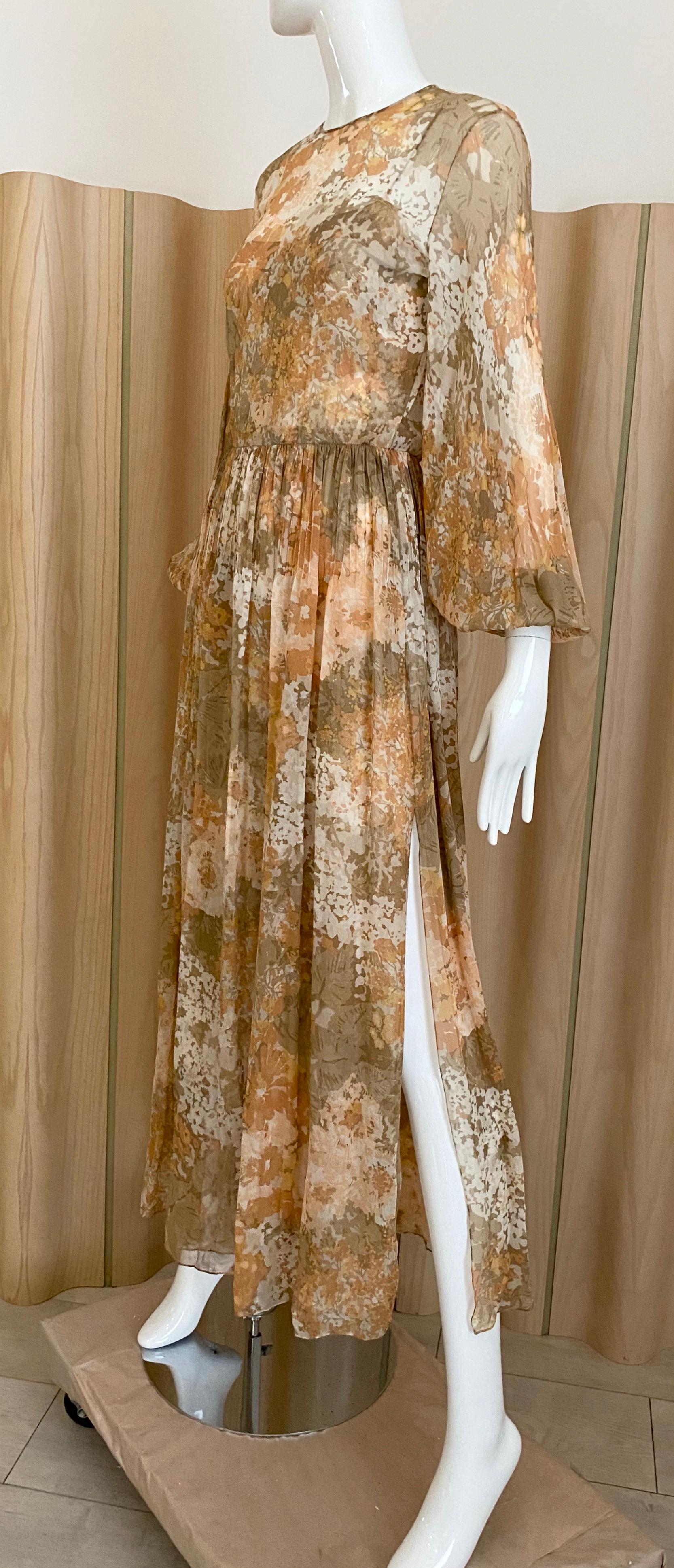 1970s Bill Blass Silk Crepe Floral Print Long Sleeve Maxi Dress 1