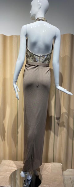 1970s Bill Blass Taupe V Neck Jersey Gown