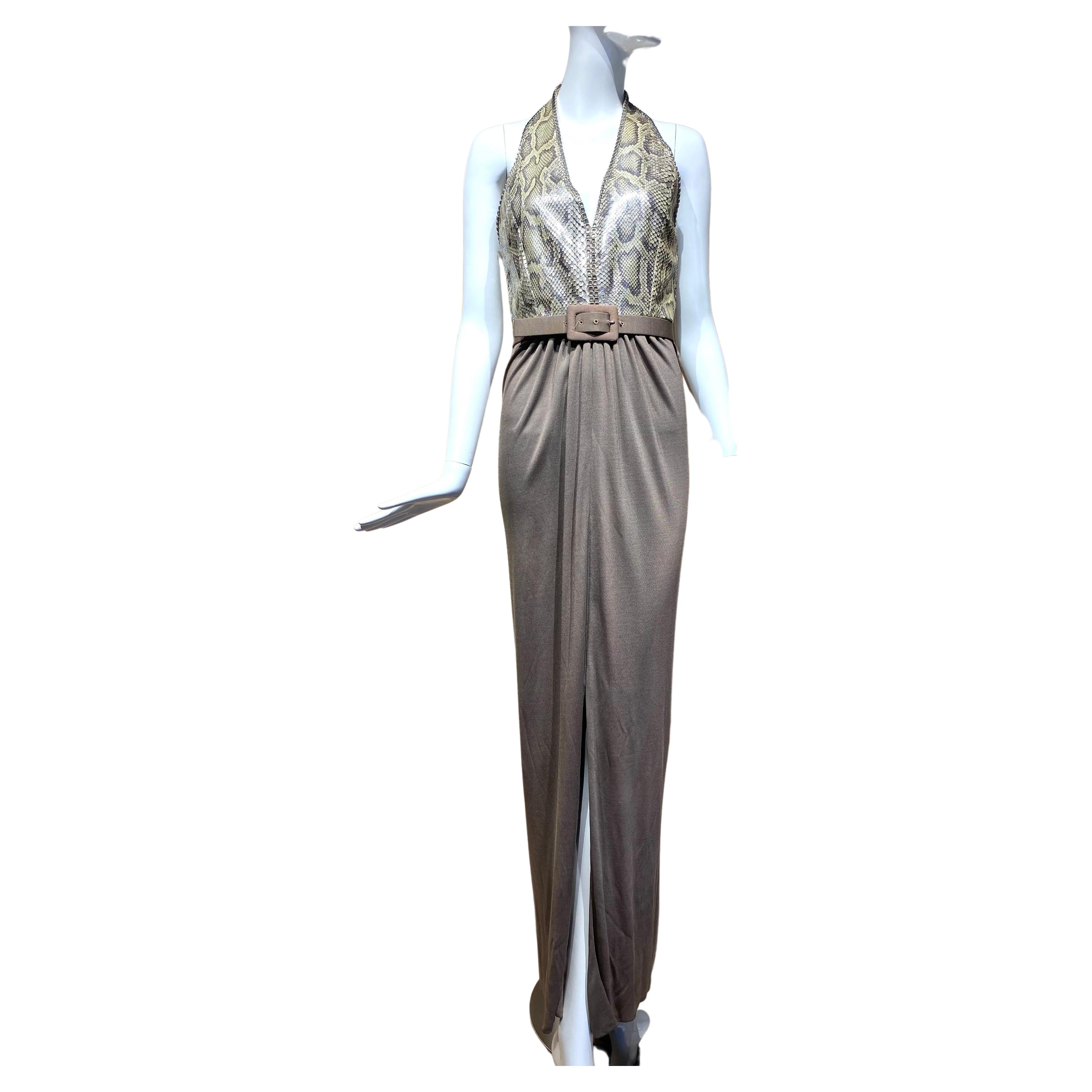 1970s Bill Blass Taupe V Neck Jersey Gown 