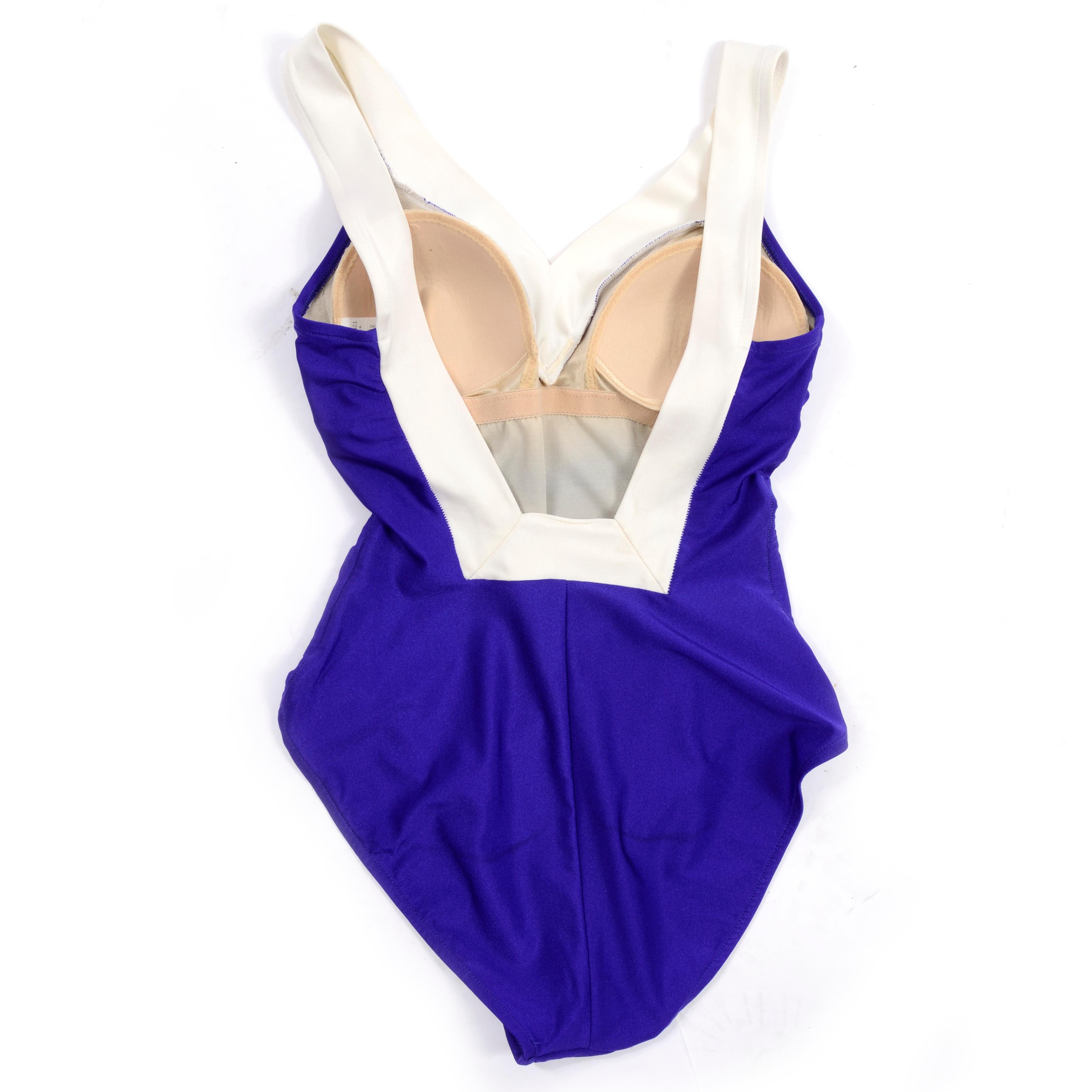 1970s Bill Blass Vintage Purple Swimsuit W Low Back in Purple and Ivory For Sale 6