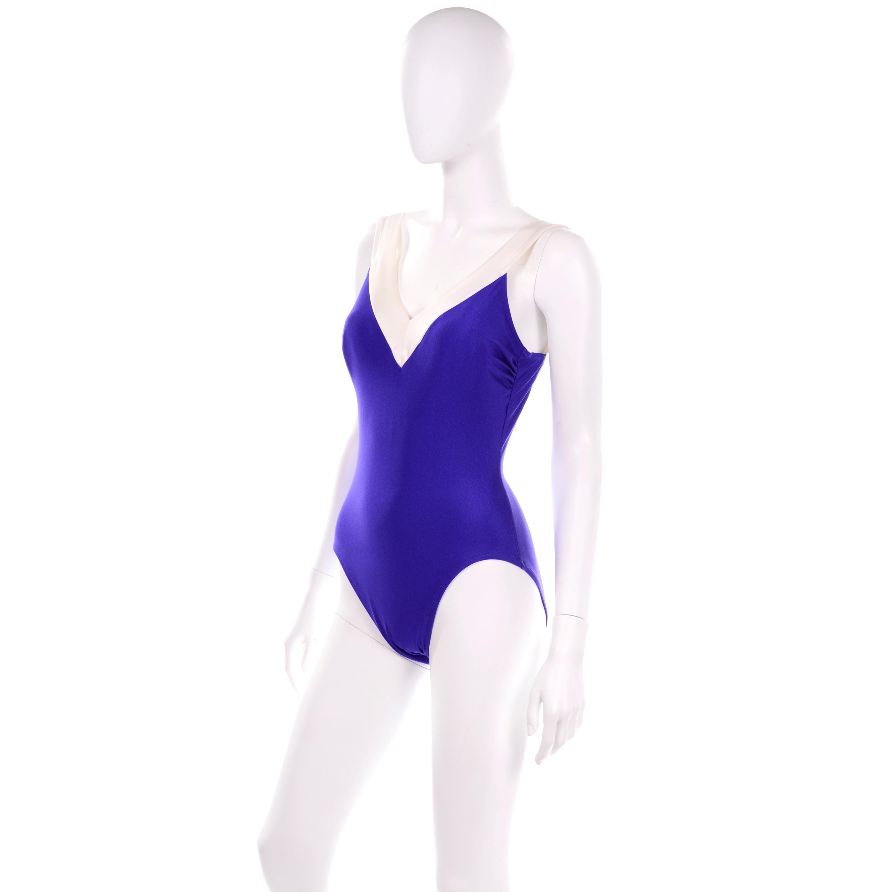 1970s Bill Blass Vintage Purple Swimsuit W Low Back in Purple and Ivory In Excellent Condition For Sale In Portland, OR
