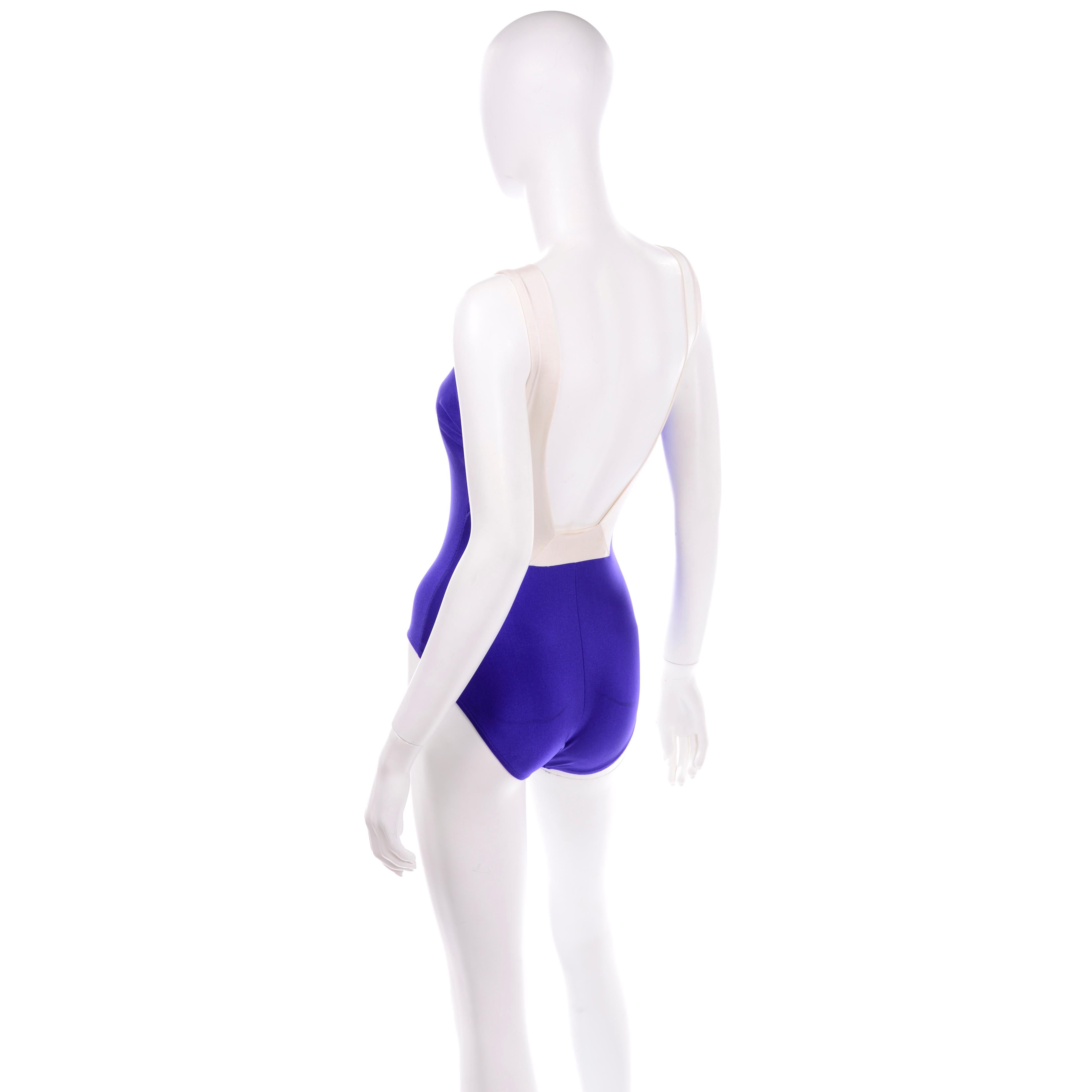 Women's 1970s Bill Blass Vintage Purple Swimsuit W Low Back in Purple and Ivory For Sale